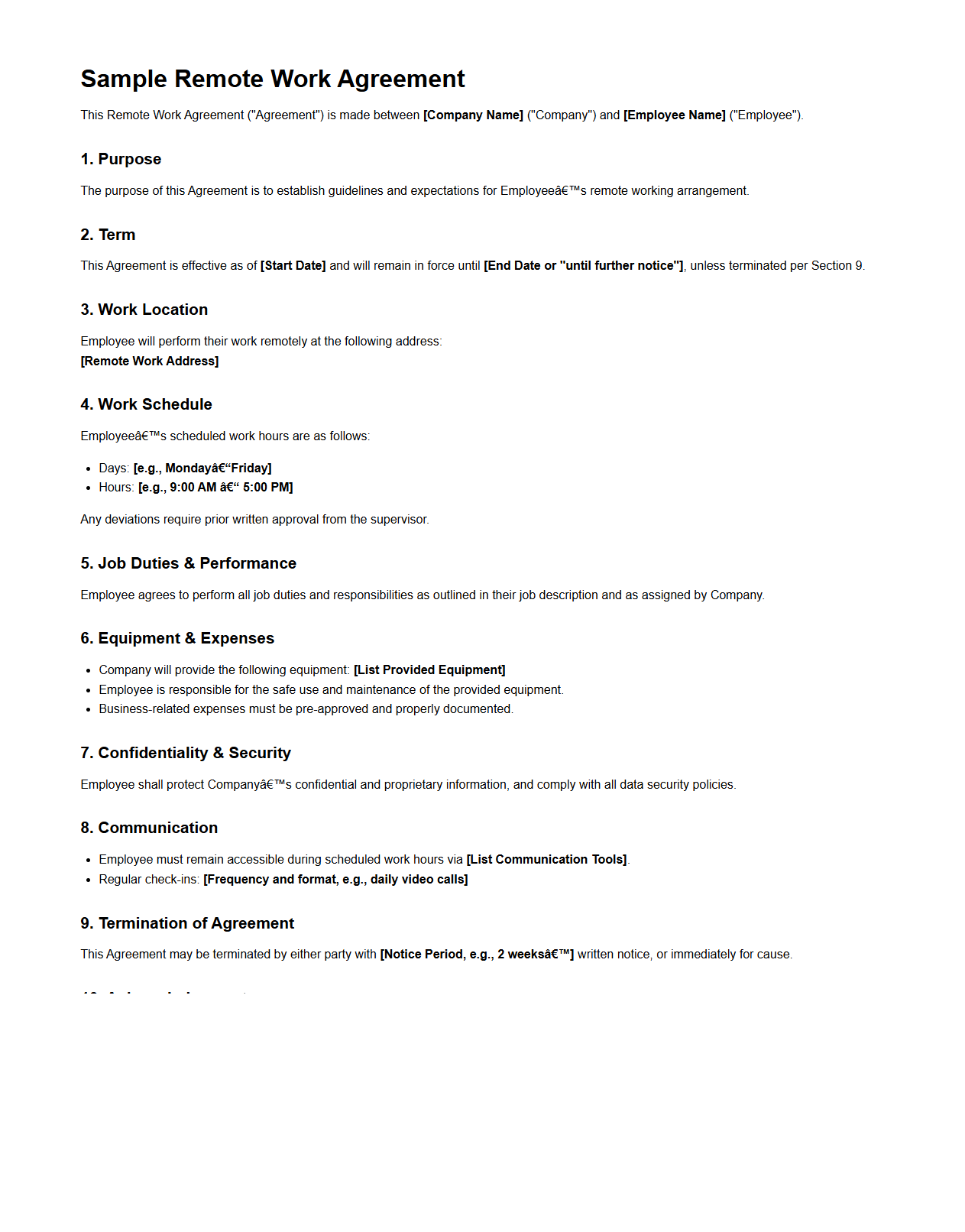 Sample Remote Work Agreement Template for Companies