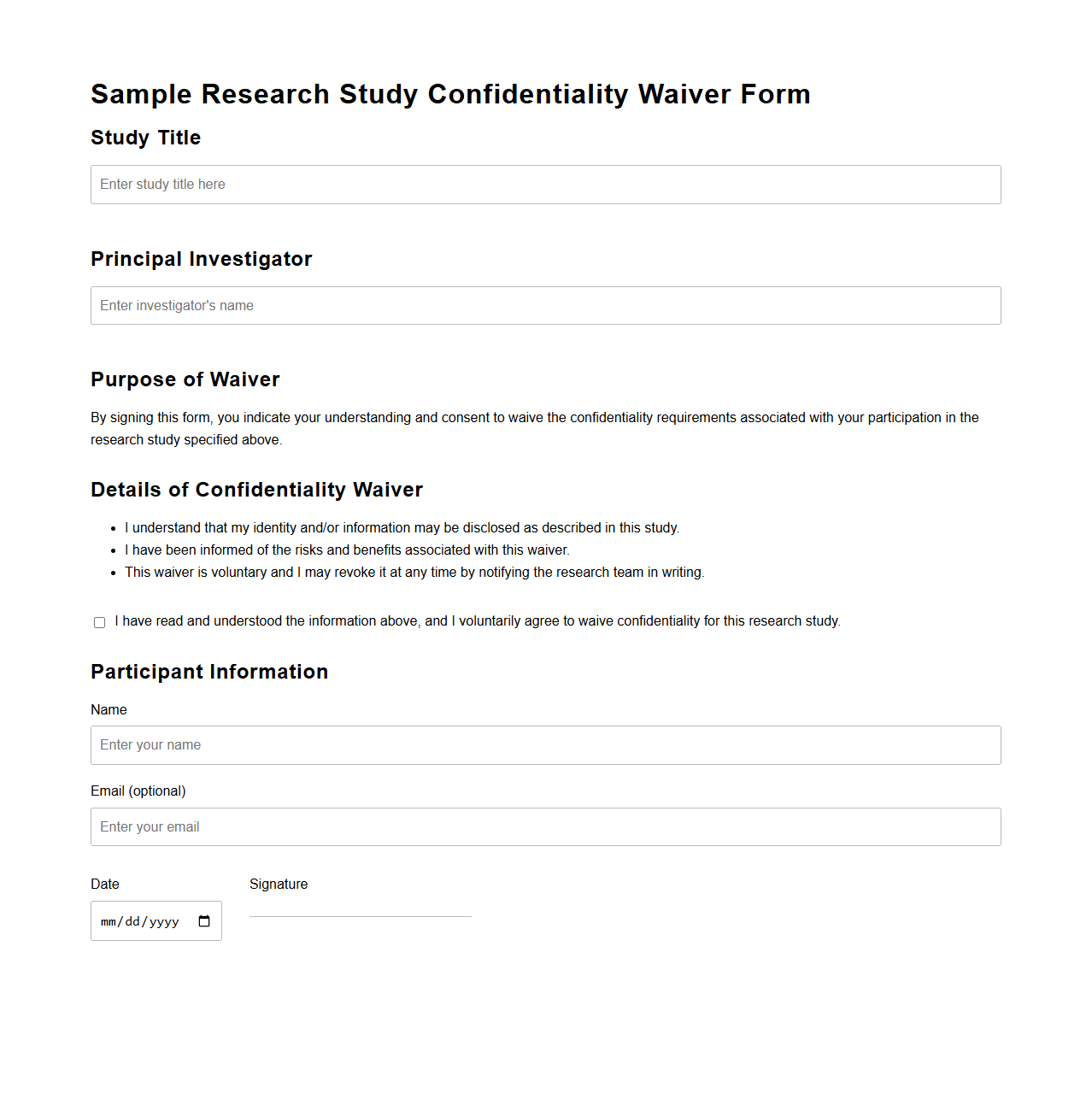 Sample Research Study Confidentiality Waiver Form