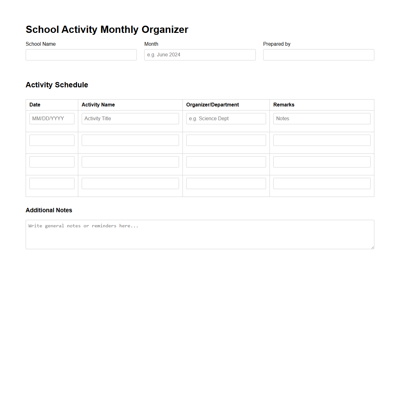 School Activity Monthly Organizer
