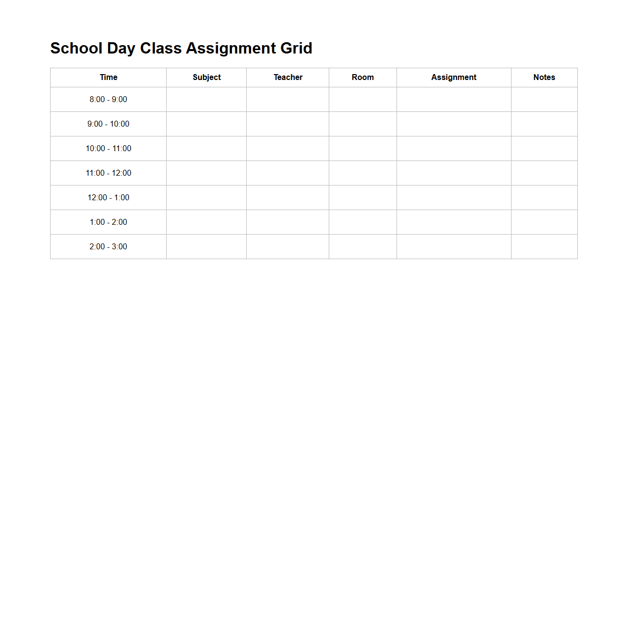 School Day Class Assignment Grid