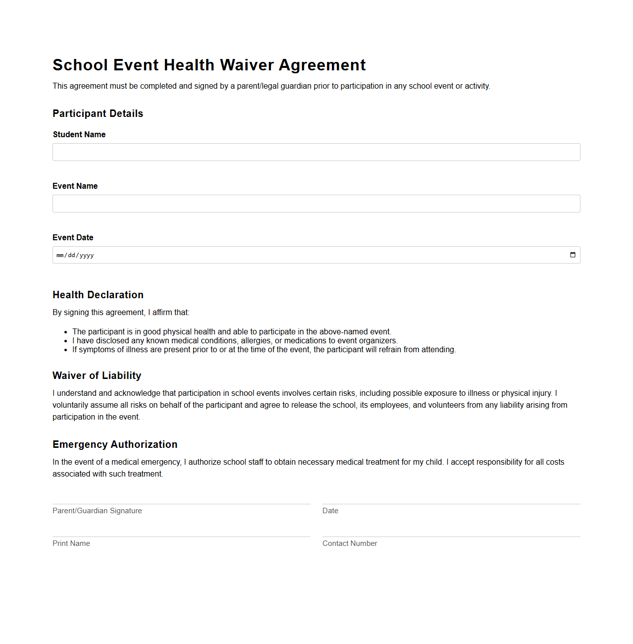 School Event Health Waiver Agreement