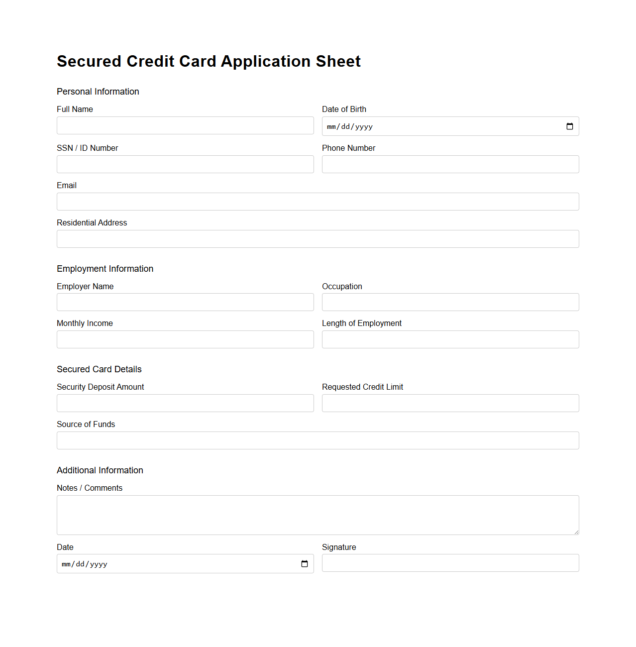 Secured Credit Card Application Sheet