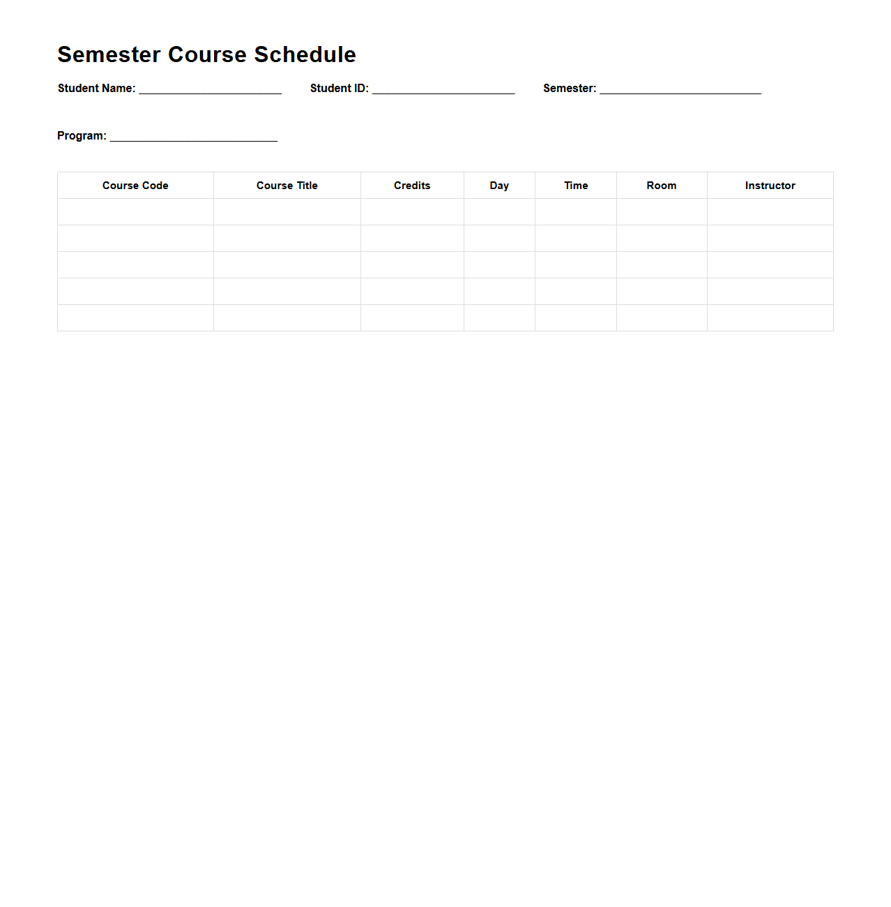 Semester Course Schedule Layout for Students