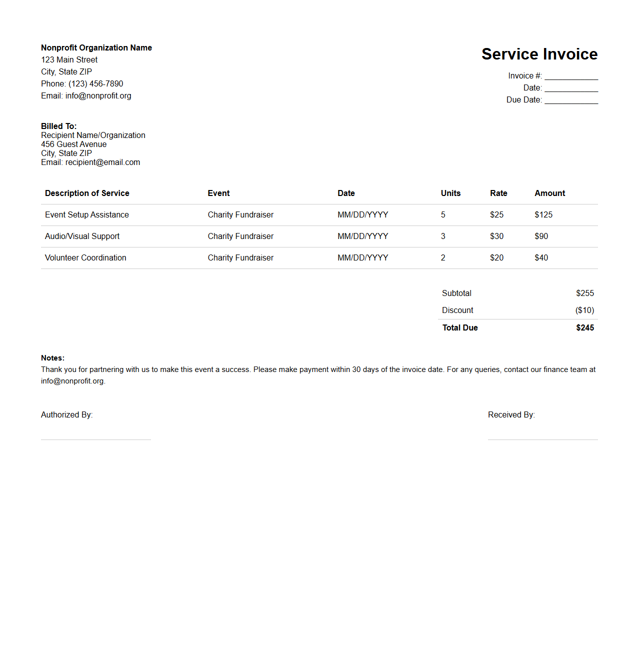 Service Invoice Layout for Nonprofit Events