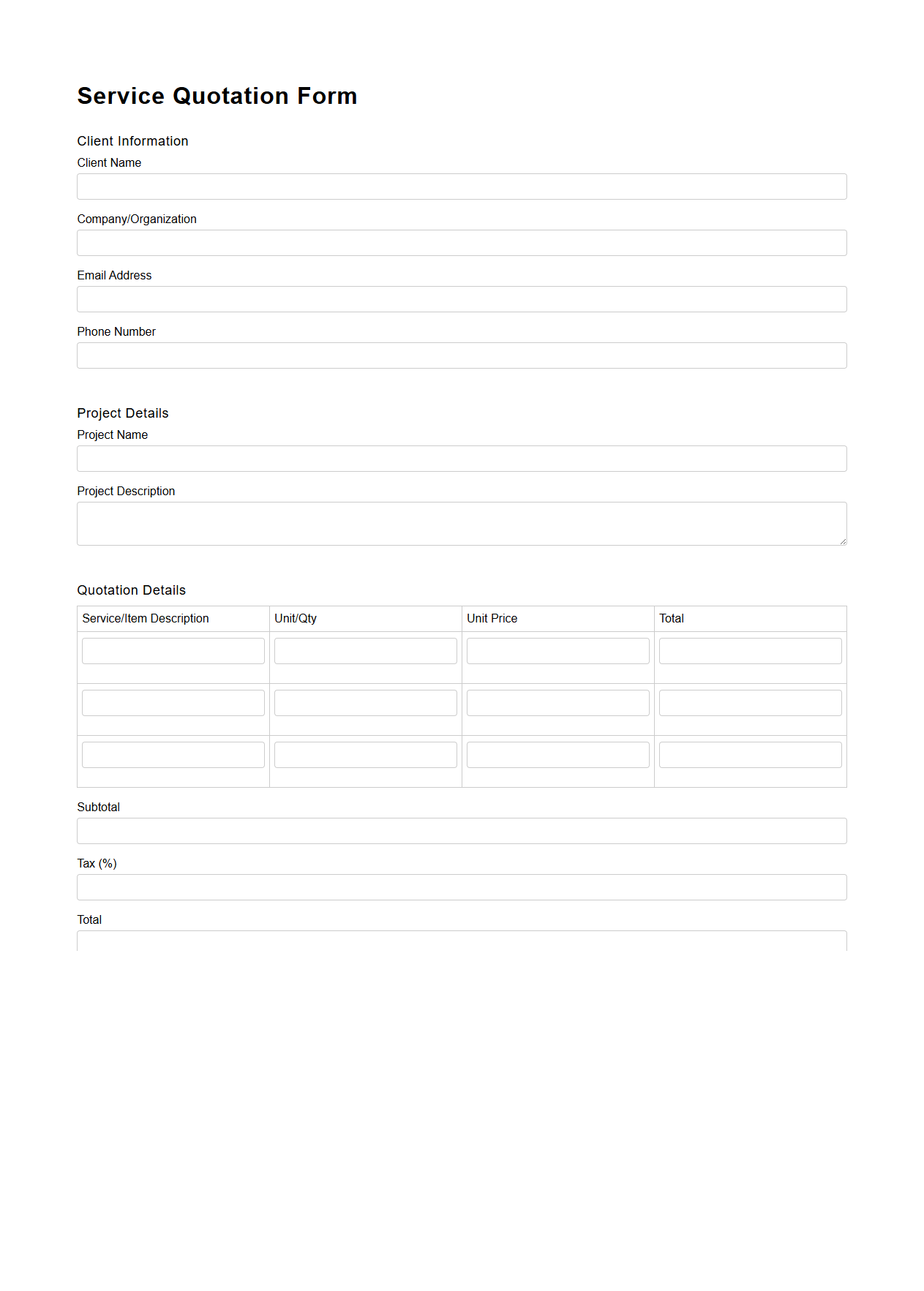 Service Quotation Form Template for Project Proposals