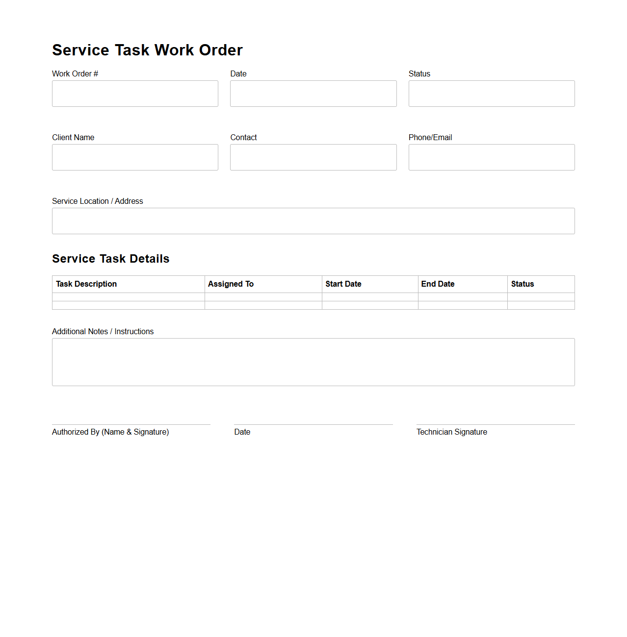 Service Task Work Order Template