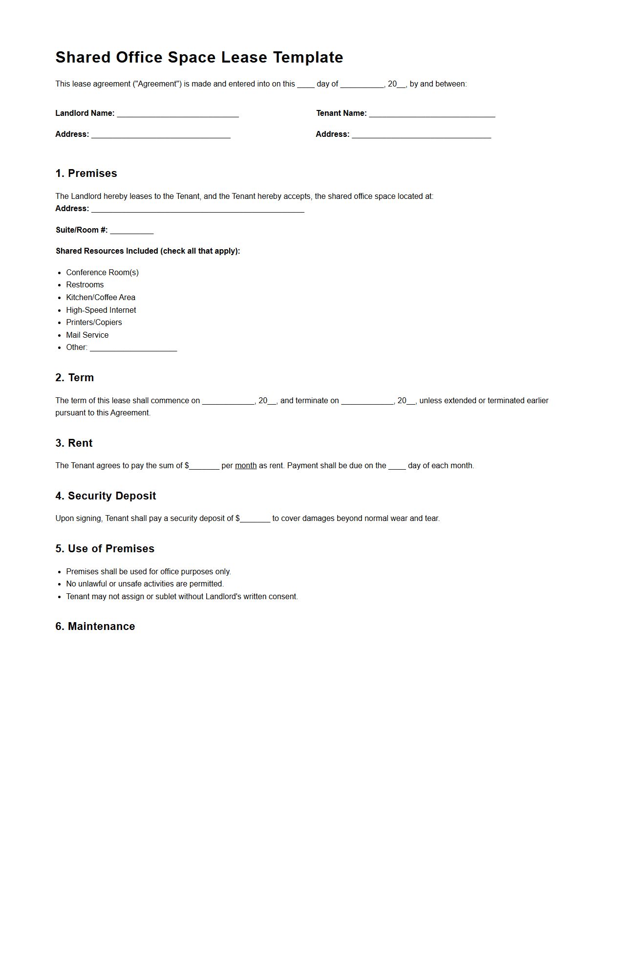 Shared Office Space Lease Template
