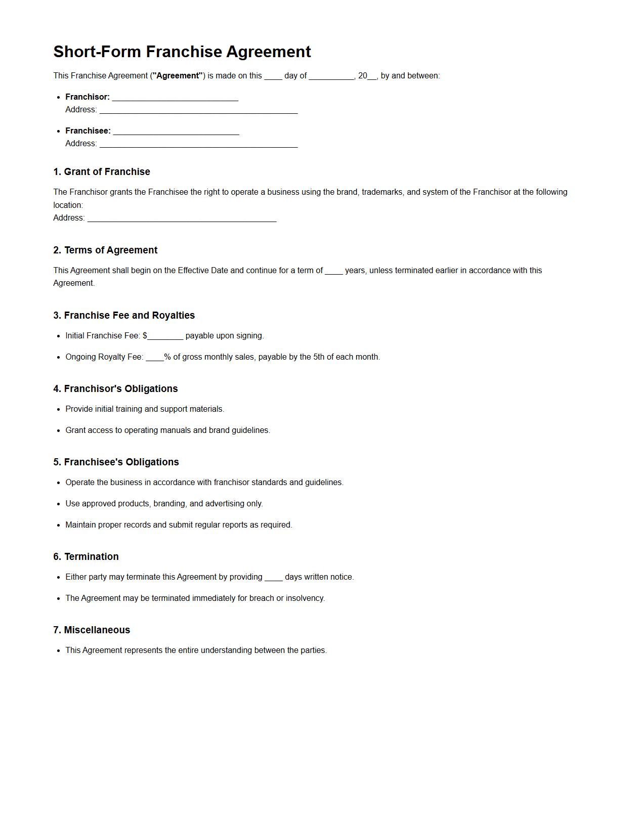 Short-Form Franchise Agreement Draft for Beginners