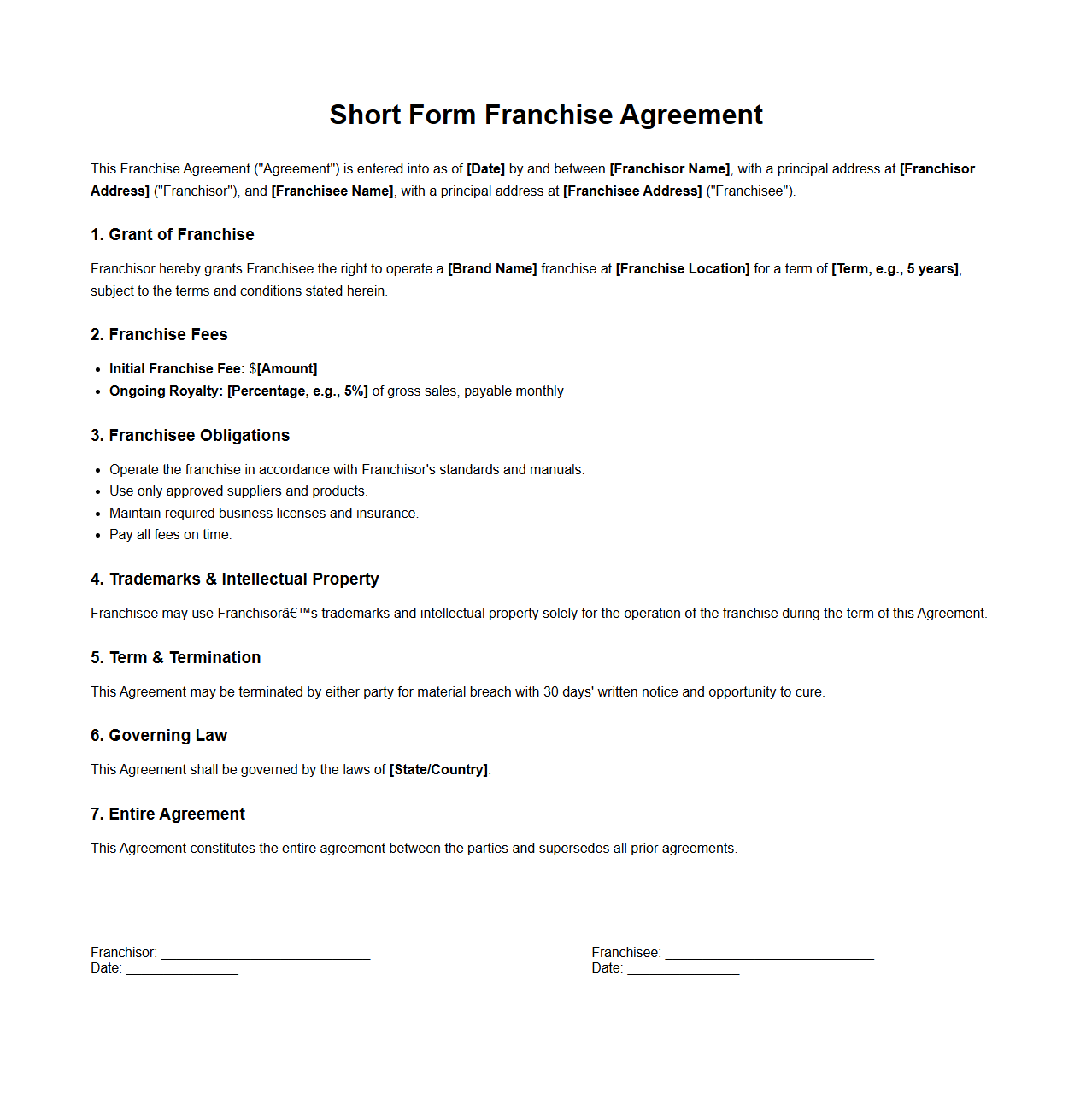 Short Form Franchise Agreement Template for Quick Setup