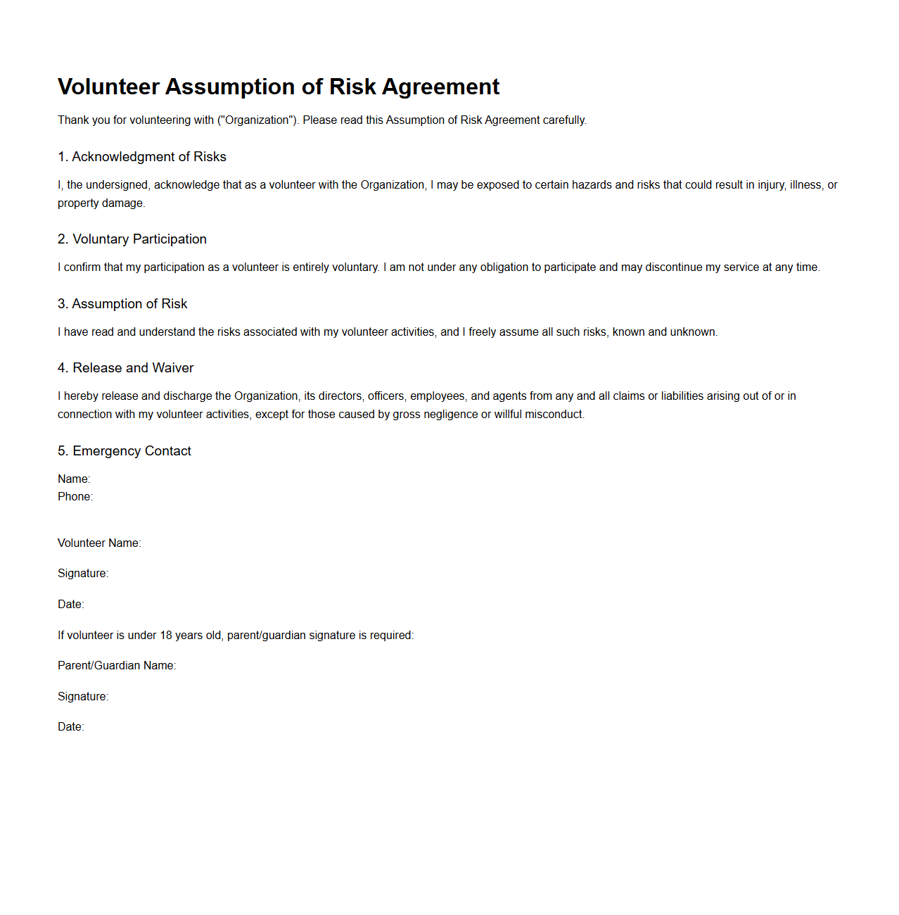 Short-Form Volunteer Assumption of Risk Template