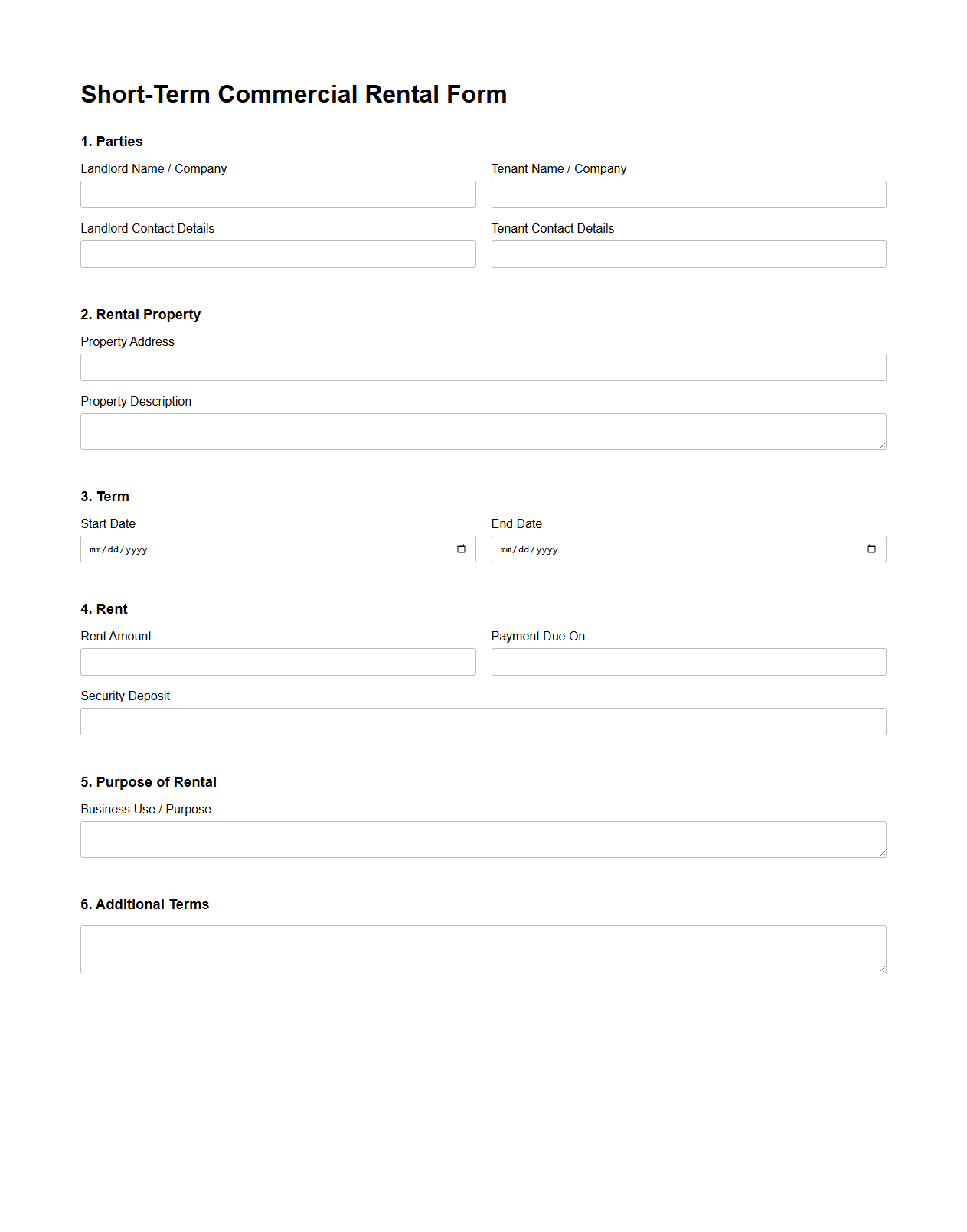 Short-Term Commercial Rental Form