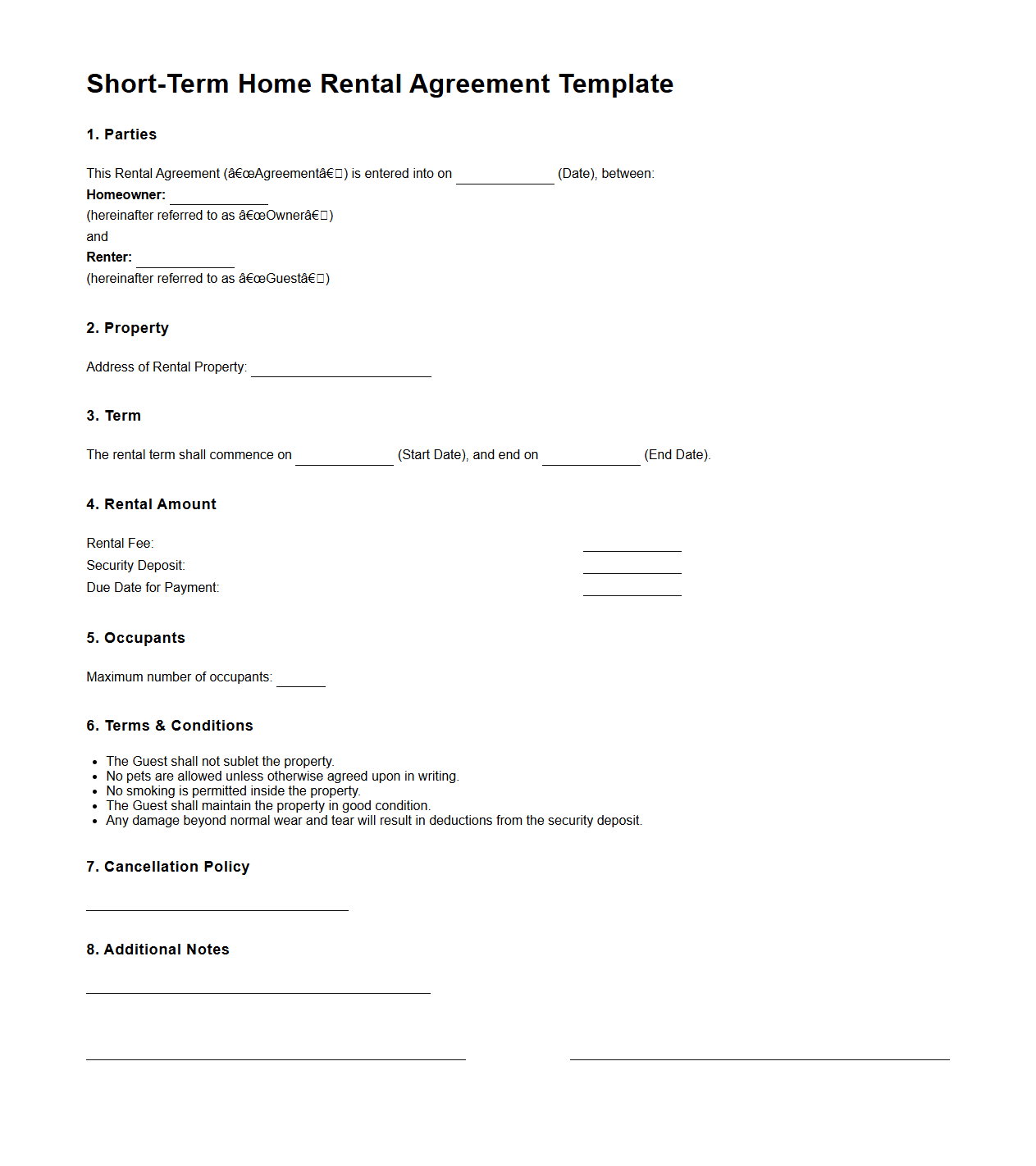 Short-Term Home Rental Agreement Template