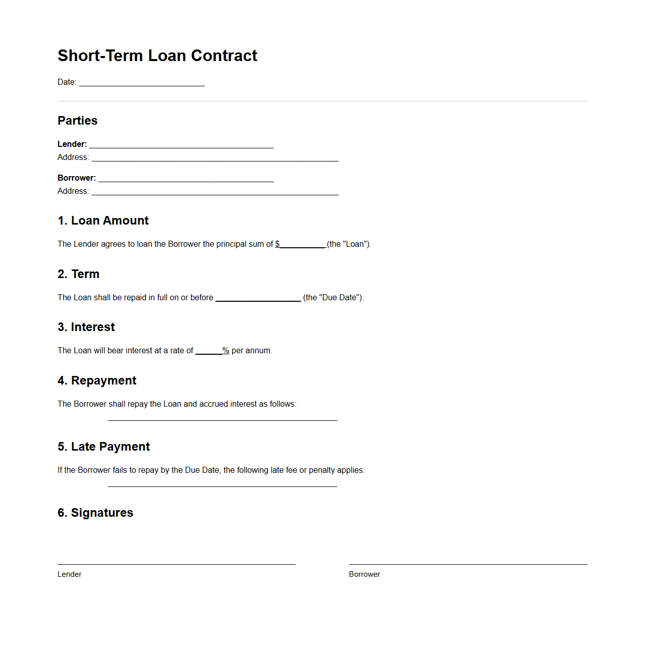Short-Term Loan Contract Template