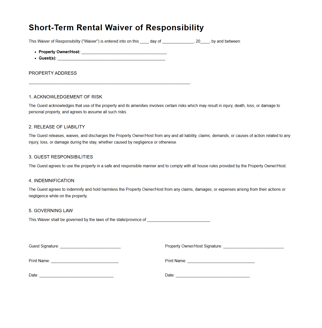 Short-Term Rental Waiver of Responsibility Template