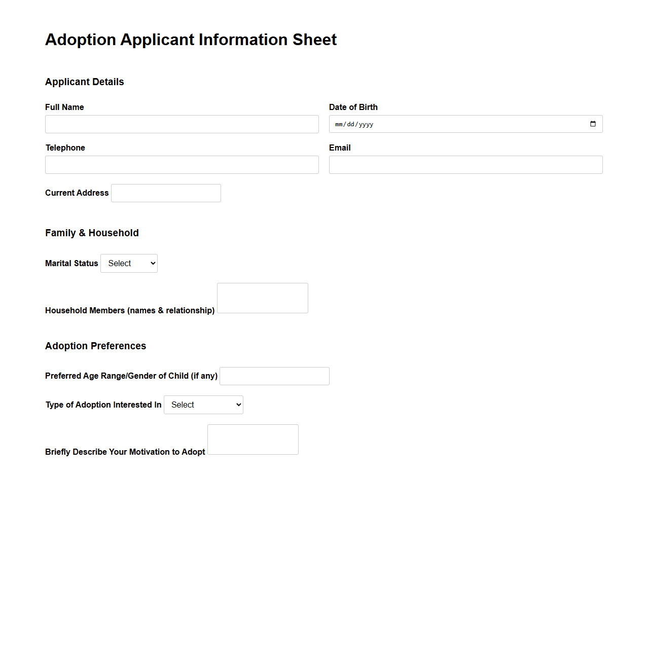 Simple Adoption Applicant Information Sheet for Agencies