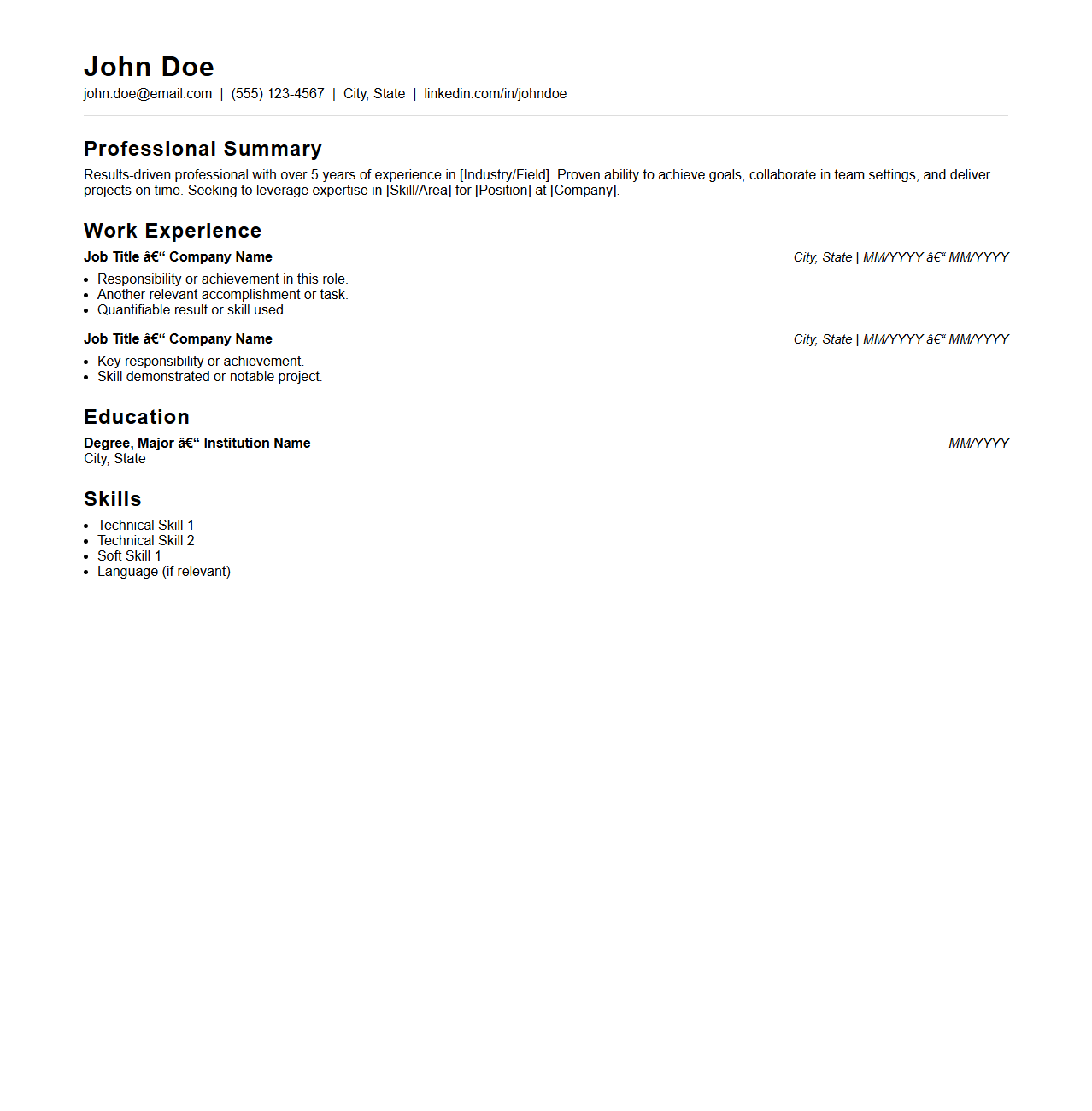 Simple ATS-Compatible Resume Layout for Job Applications