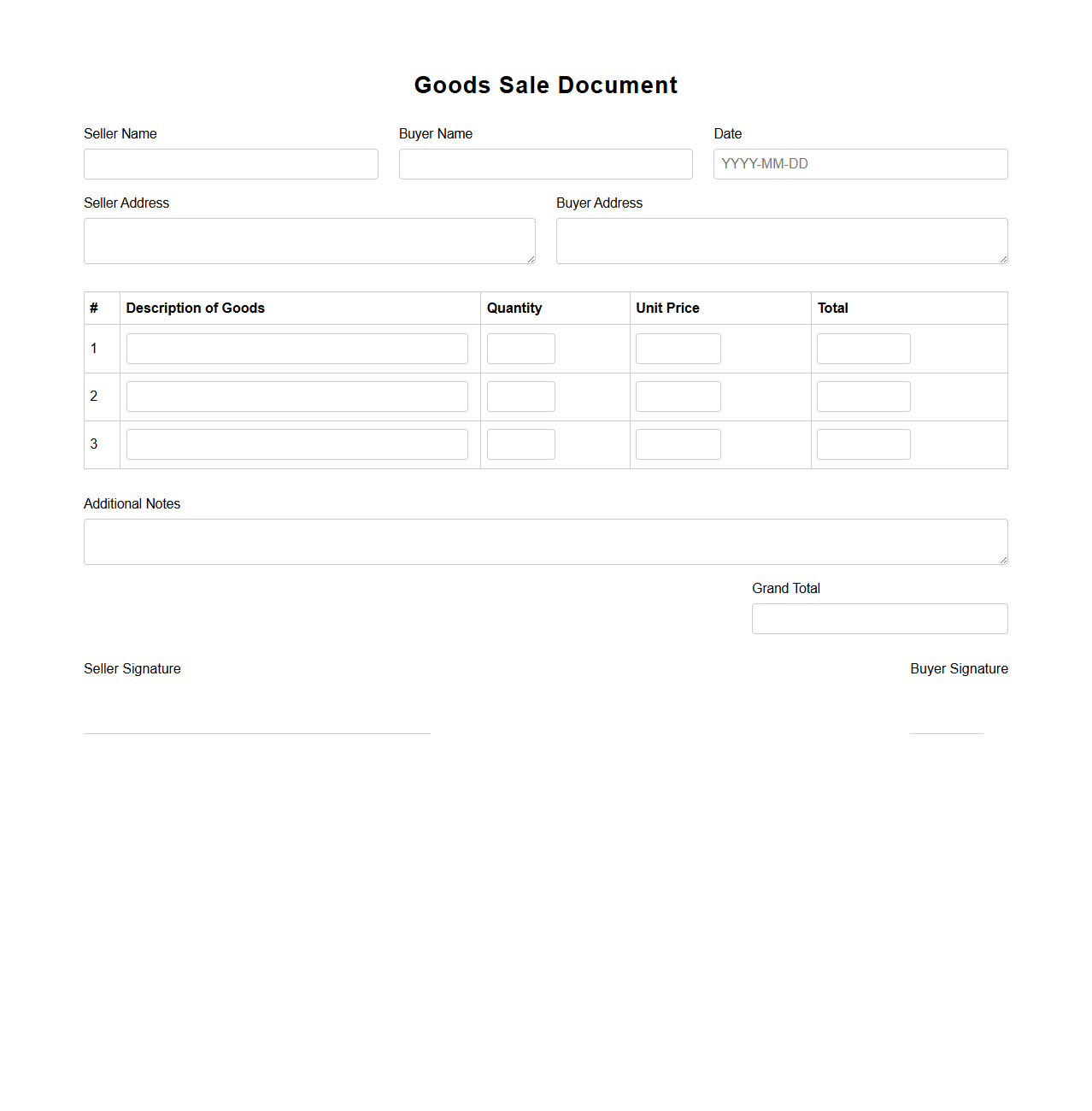 Simple Blank Goods Sale Document Template