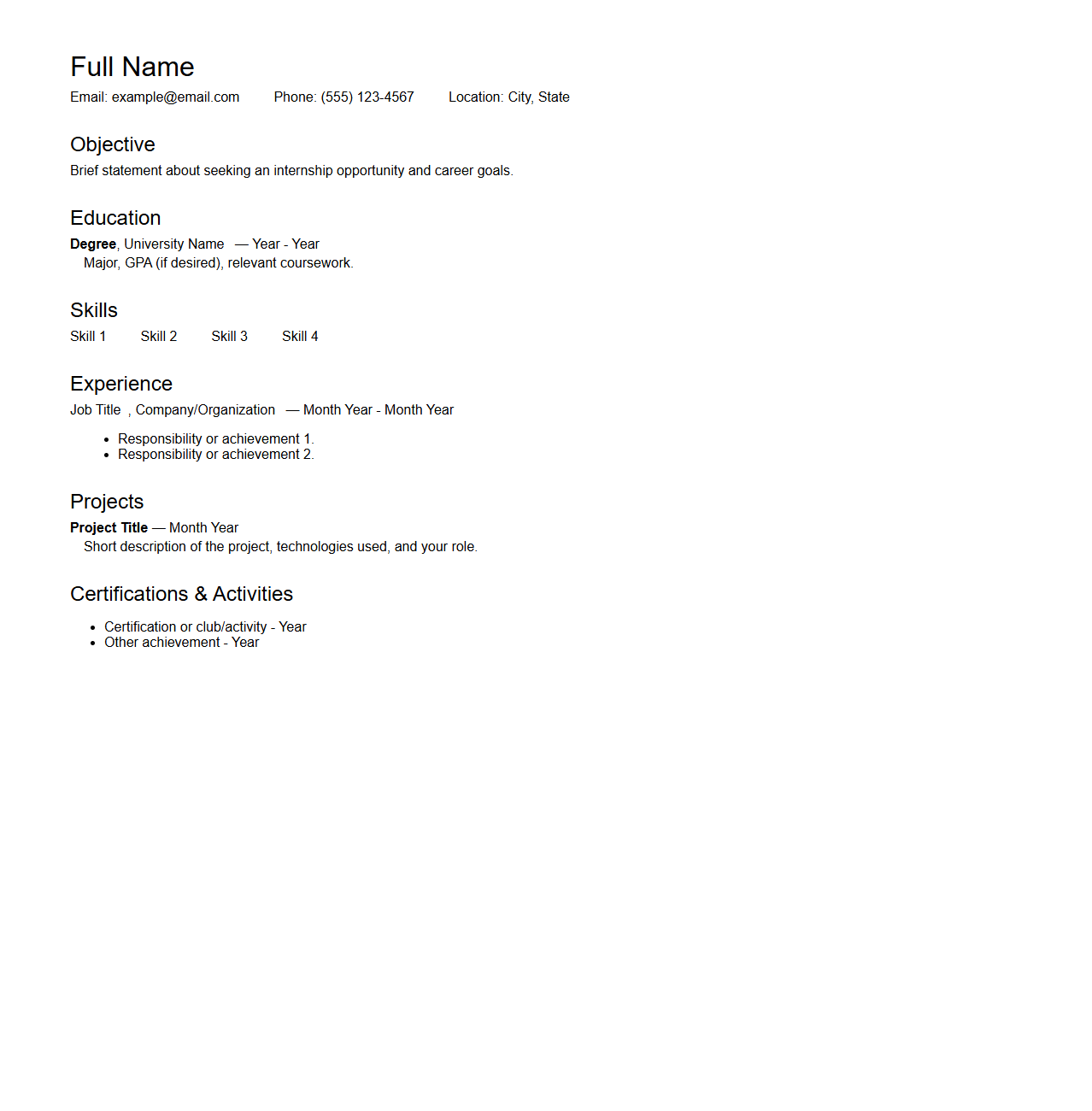 Simple Blank Internship Resume Layout