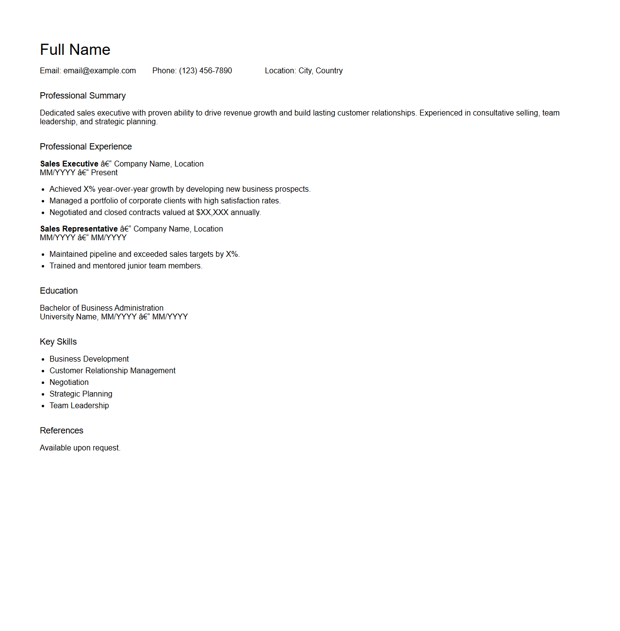 Simple Blank Resume for Sales Executives
