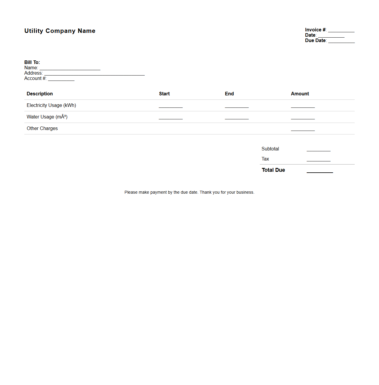Simple Blank Utility Billing Invoice Format