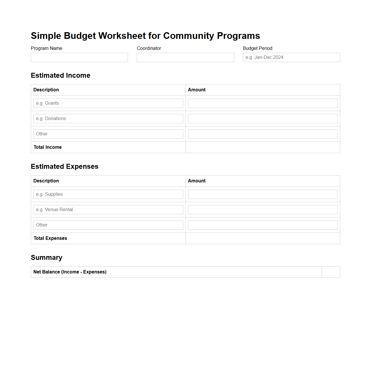 Simple Budget Worksheet for Community Programs