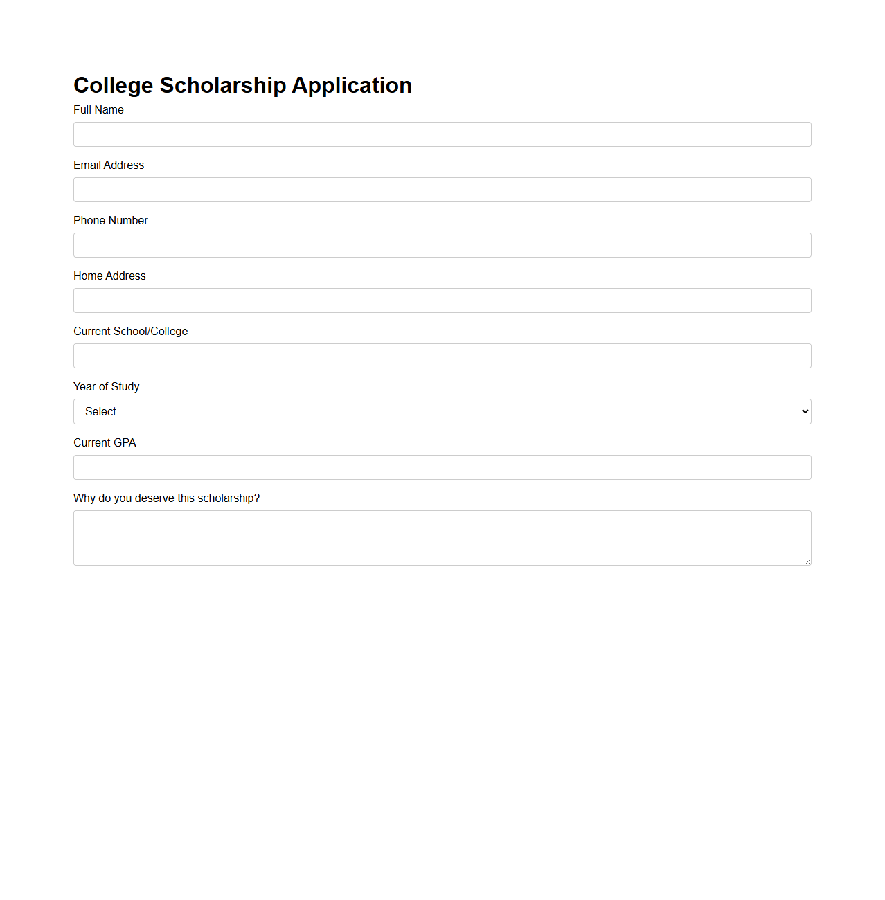 Simple College Scholarship Application Page