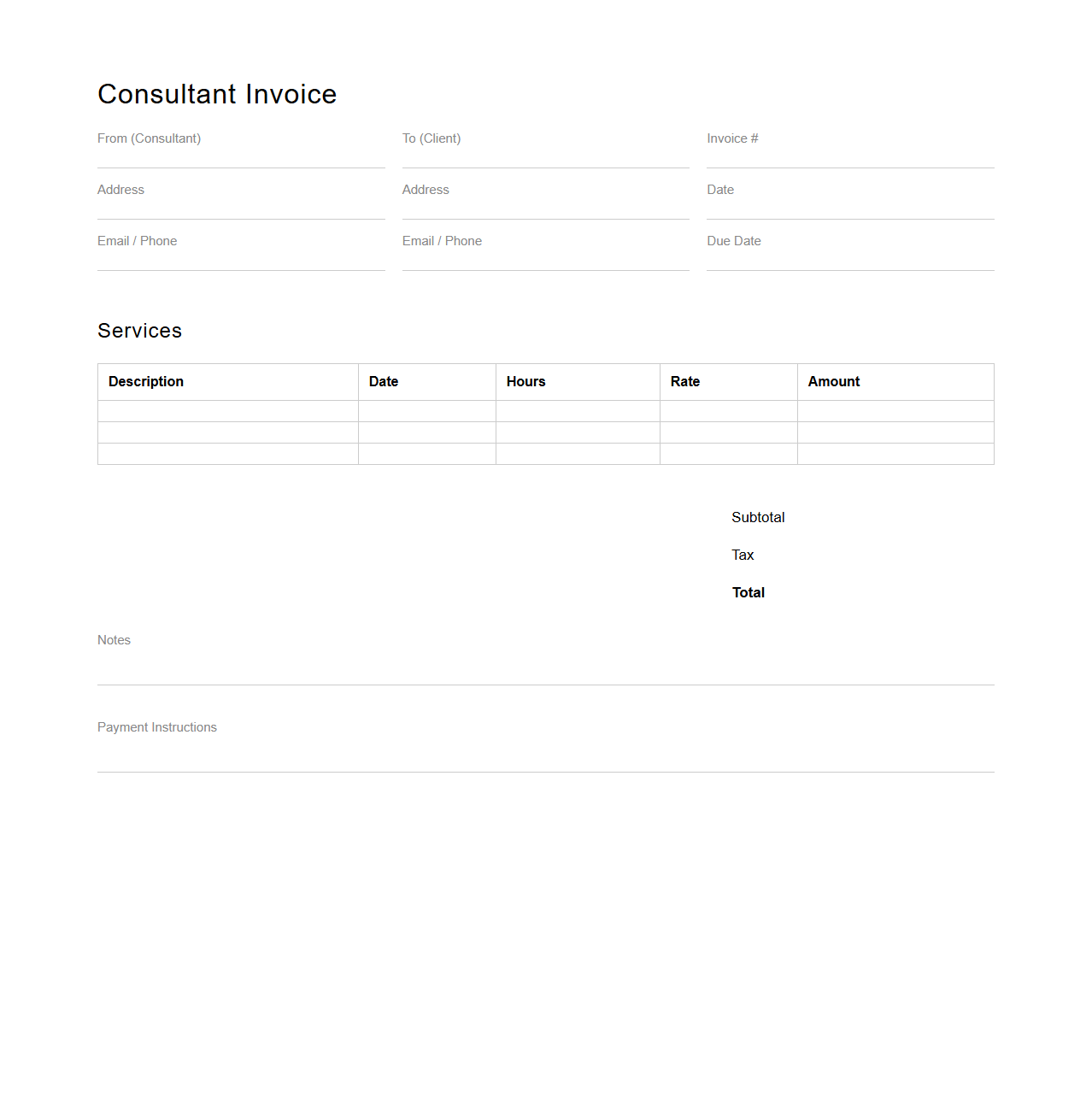 Simple Consultant Invoice Template Blank Sheet