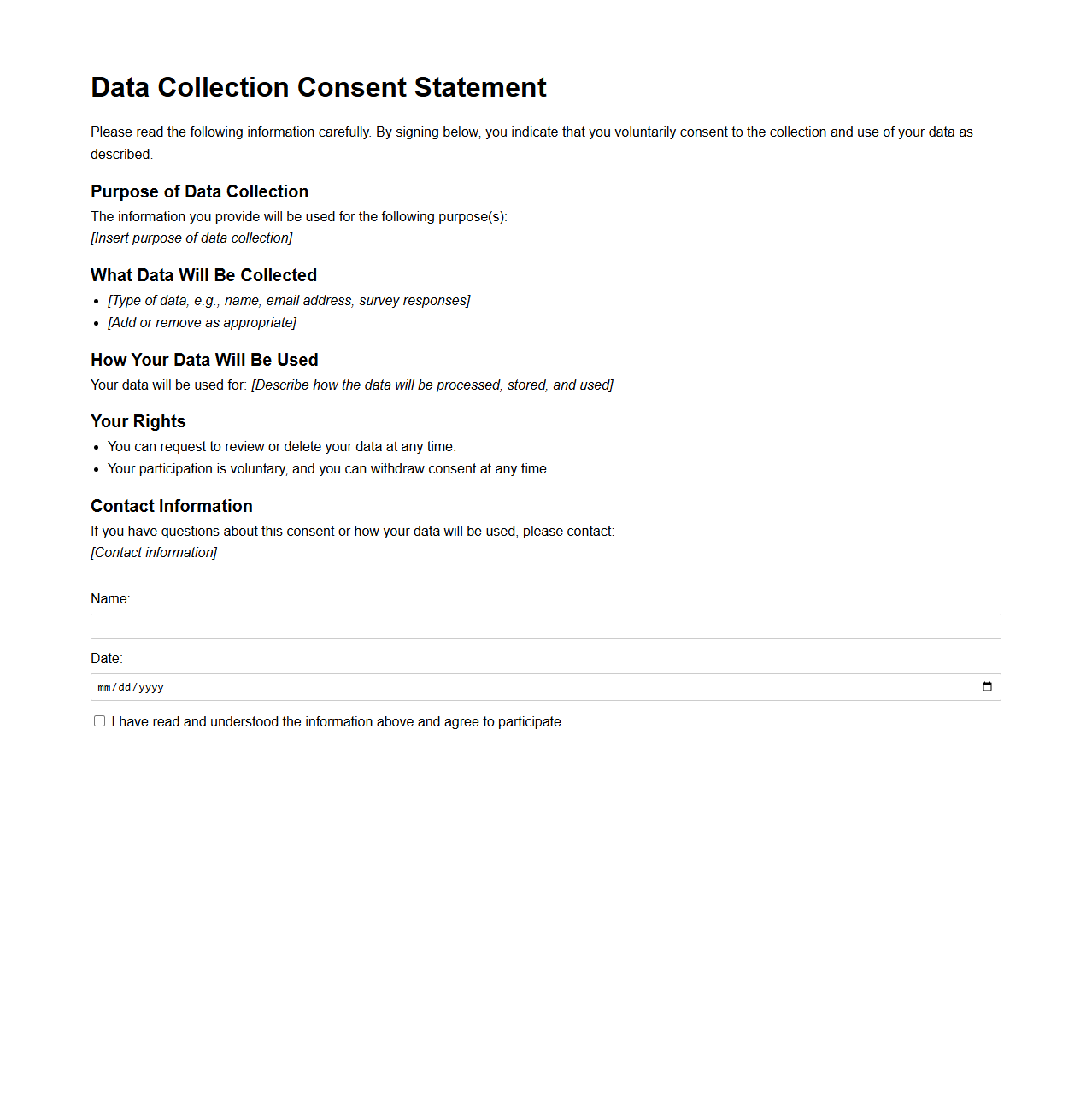 Simple Data Collection Consent Statement Template
