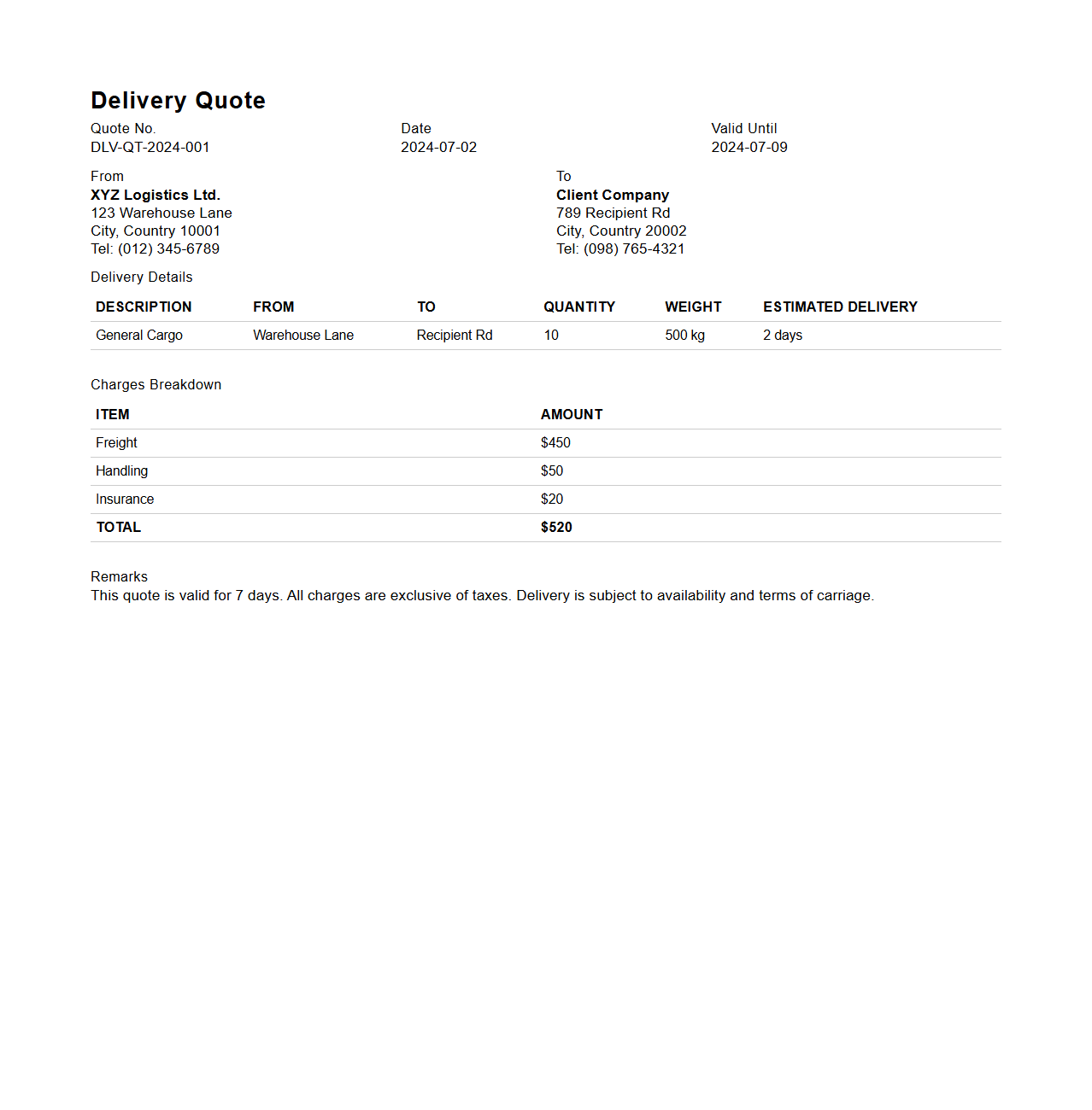 Simple Delivery Quote Format for Logistics Firms