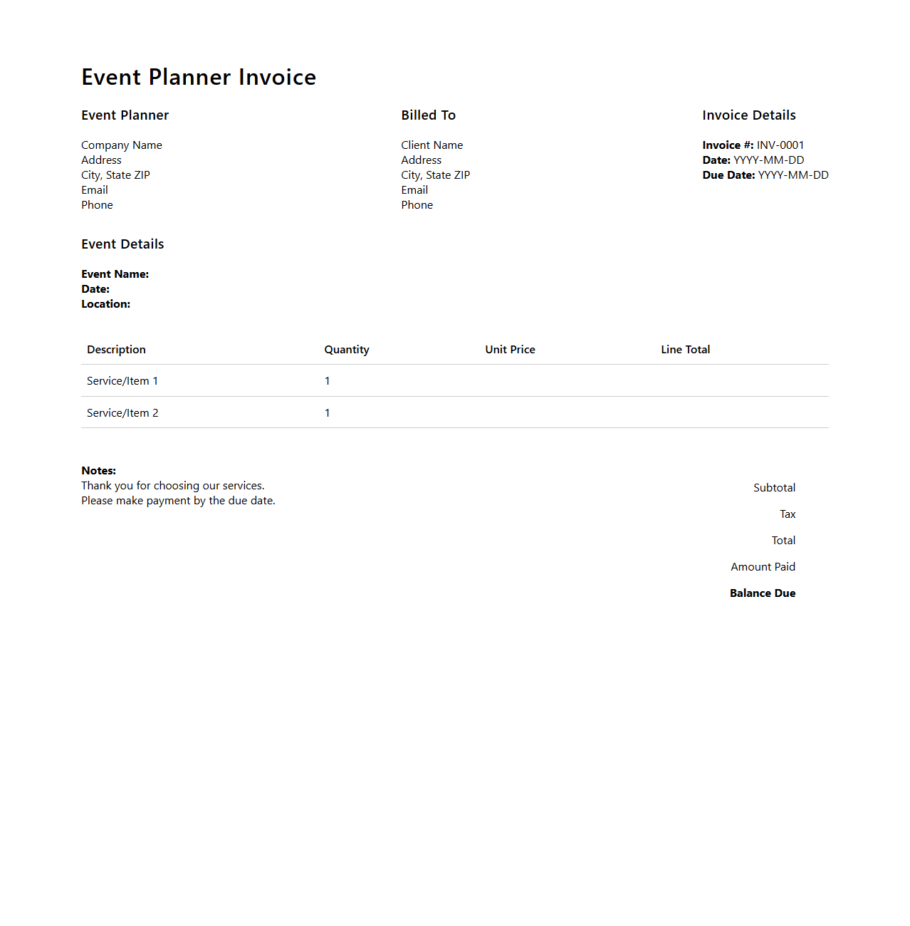 Simple Event Planner Invoice Template