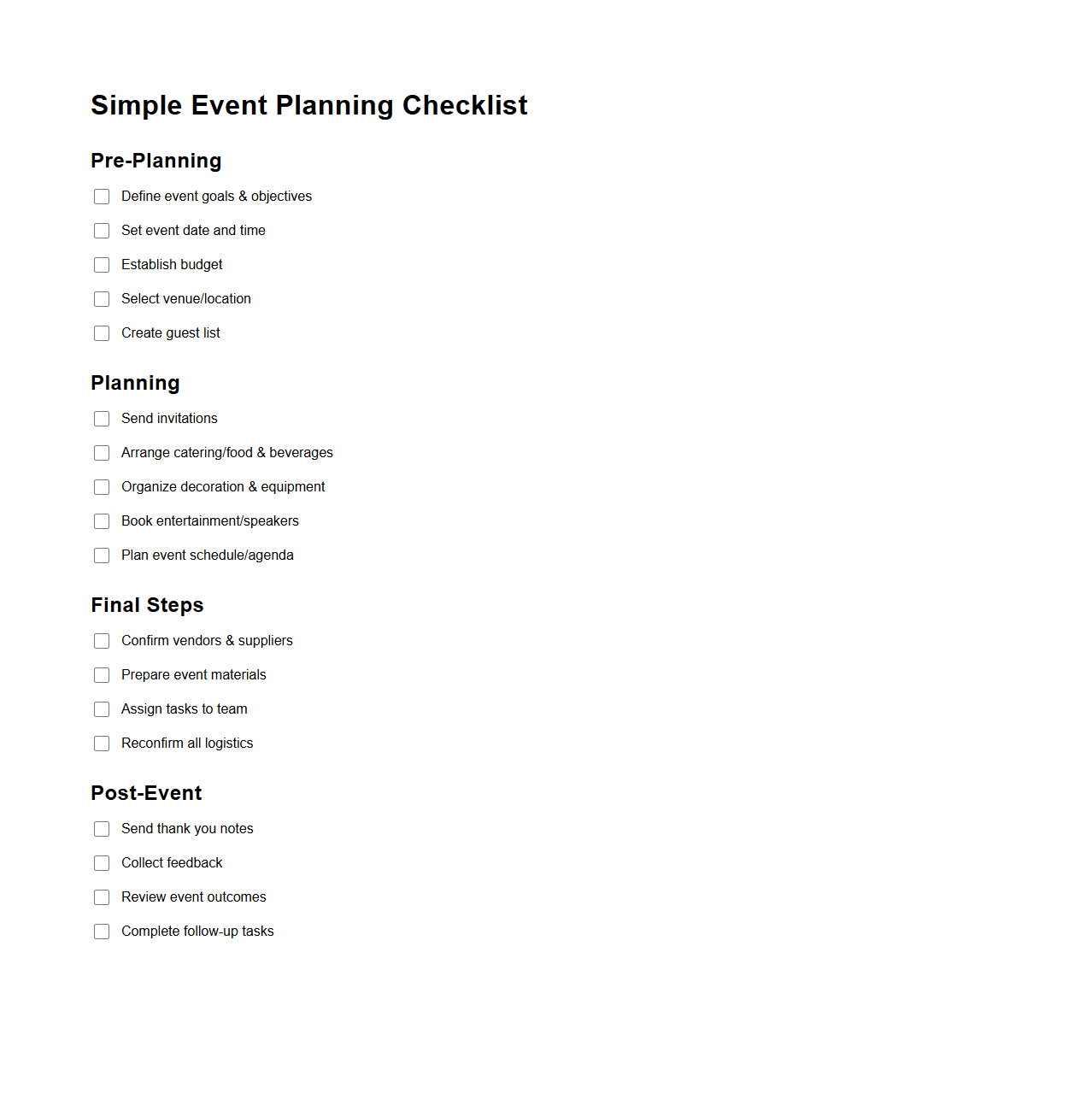 Simple Event Planning Checklist Template