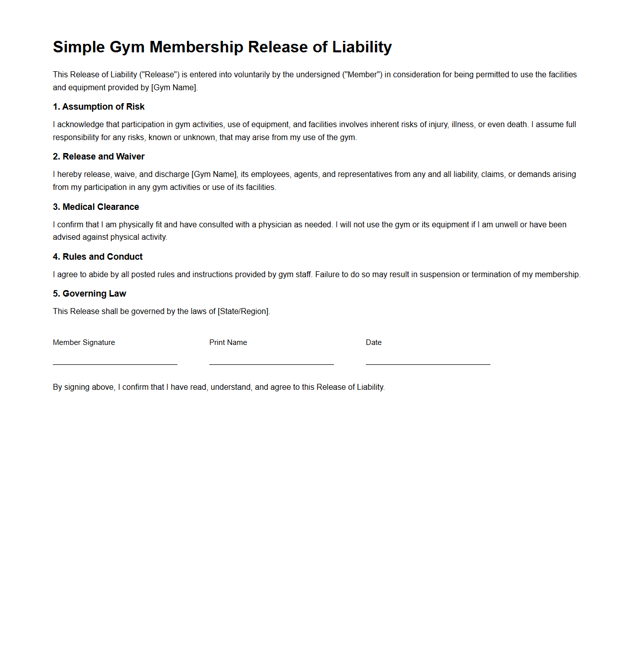 Simple Gym Membership Release of Liability Document