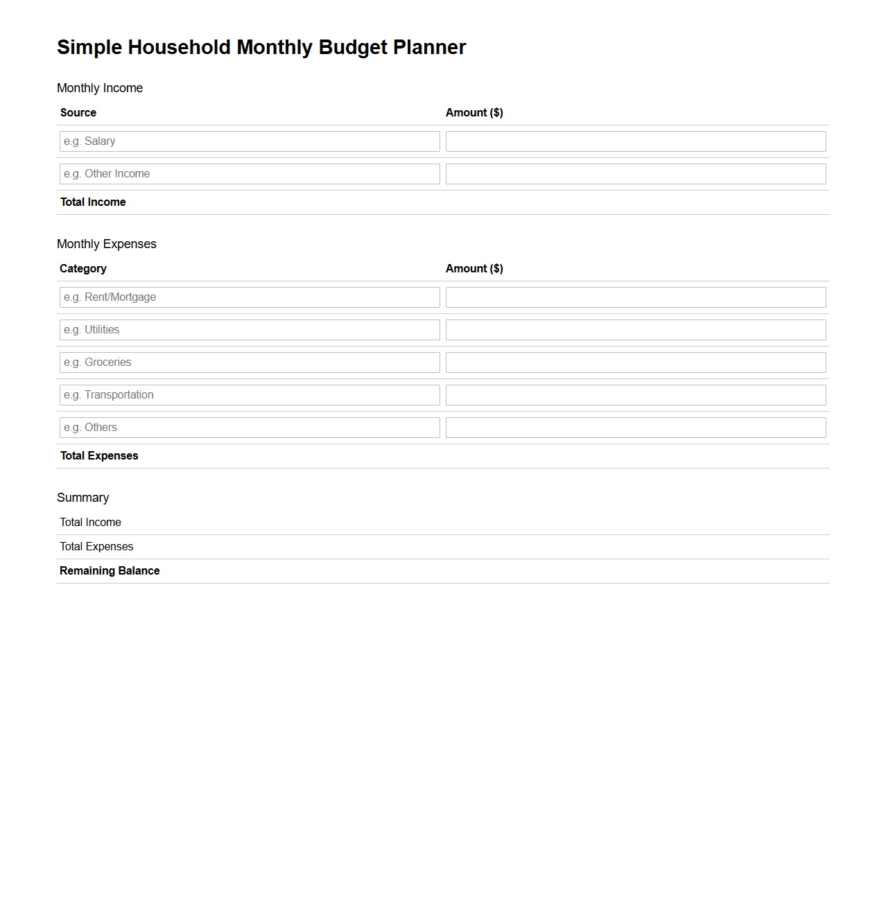 Simple Household Monthly Budget Planner
