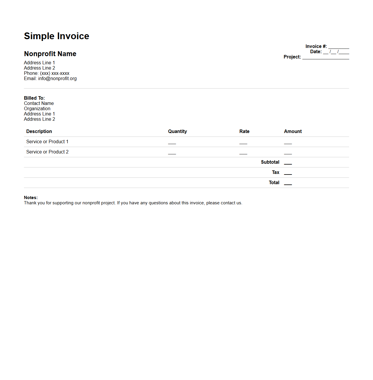 Simple Invoice Template for Nonprofit Projects