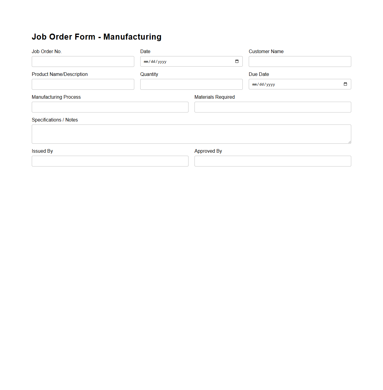 Simple Job Order Form for Manufacturing Processes