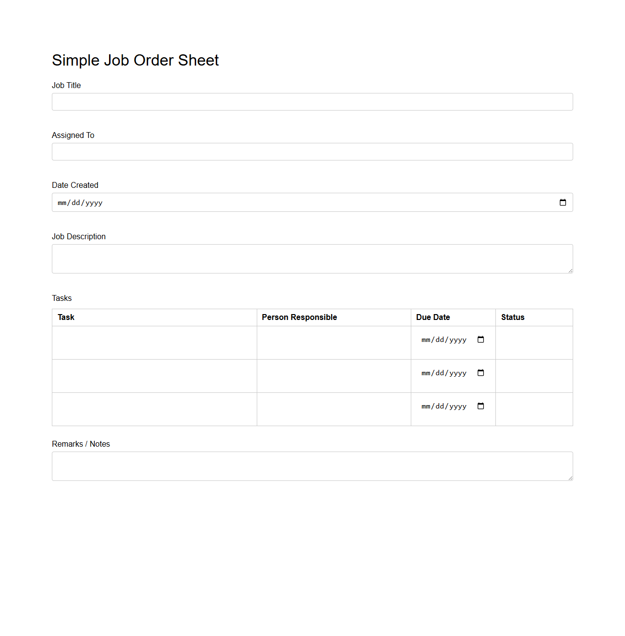 Simple Job Order Sheet for Task Distribution