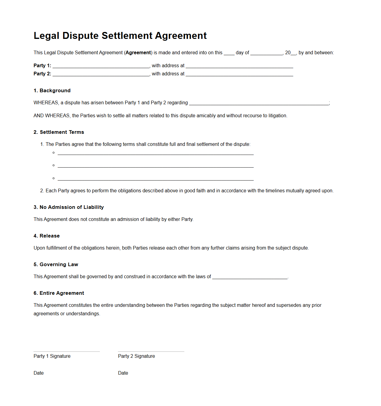 Simple Legal Dispute Settlement Contract Template