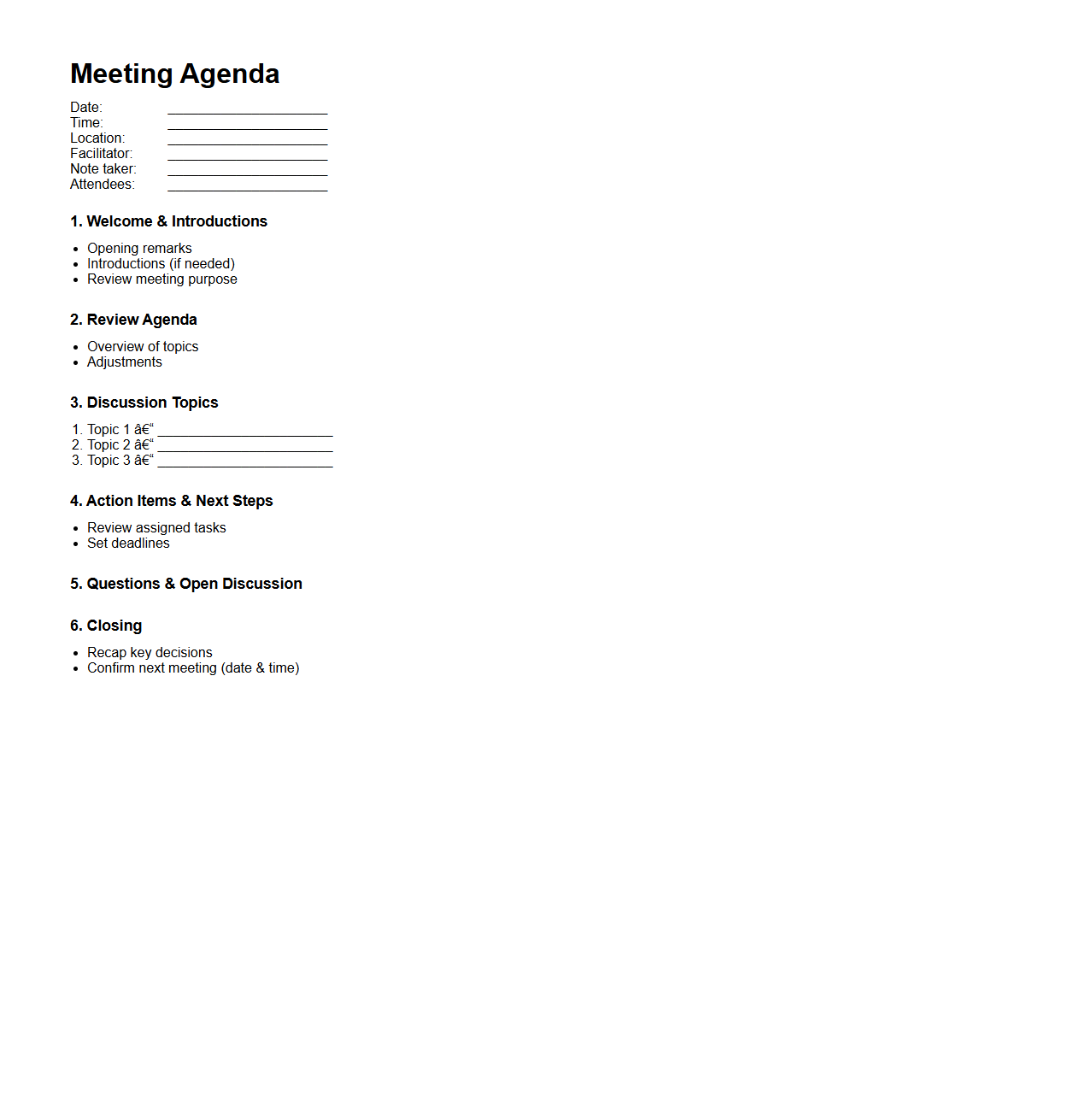 Simple Meeting Agenda Outline Template