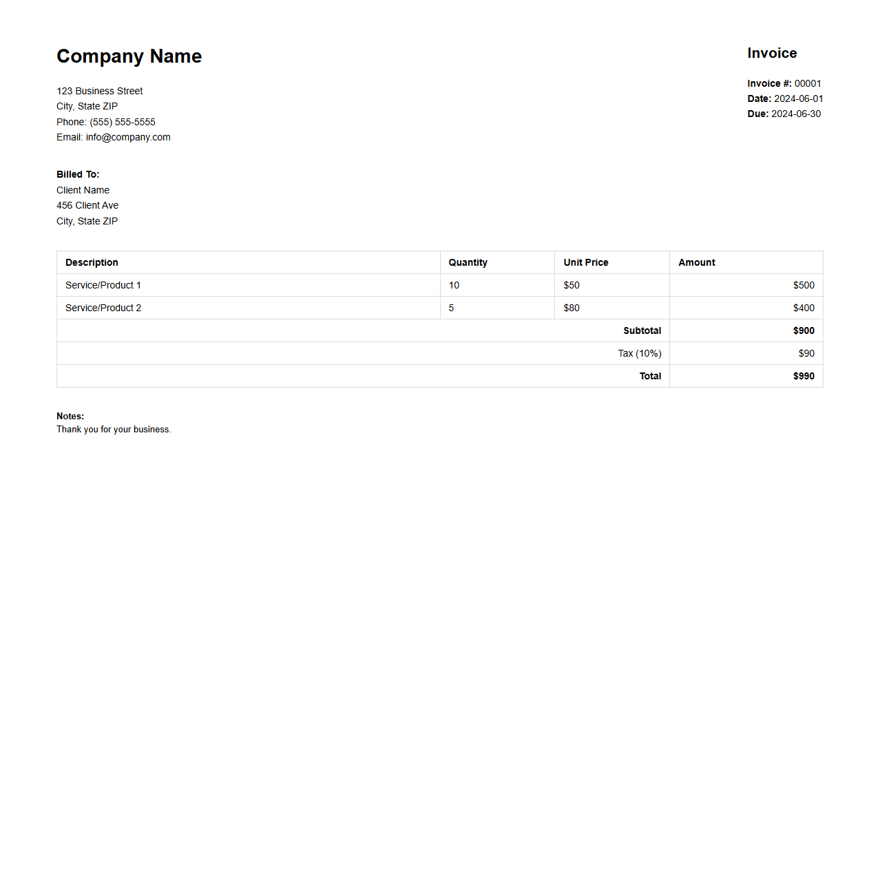 Simple Monthly Invoice Layout