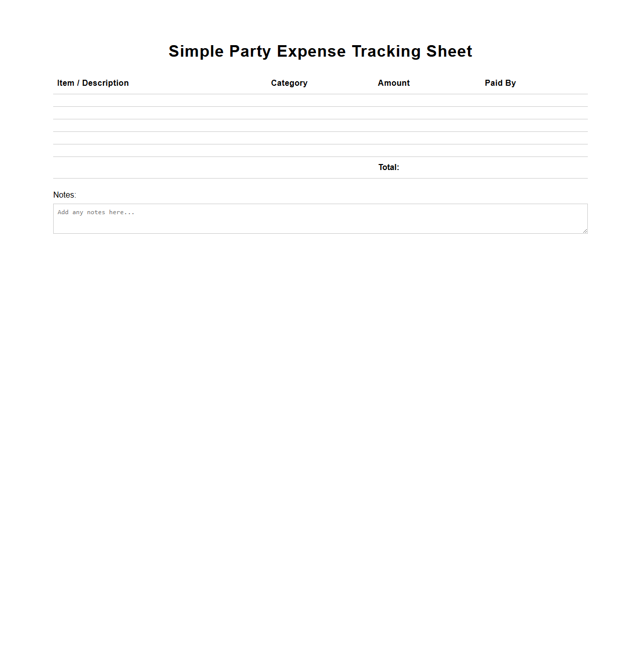 Simple Party Expense Tracking Sheet