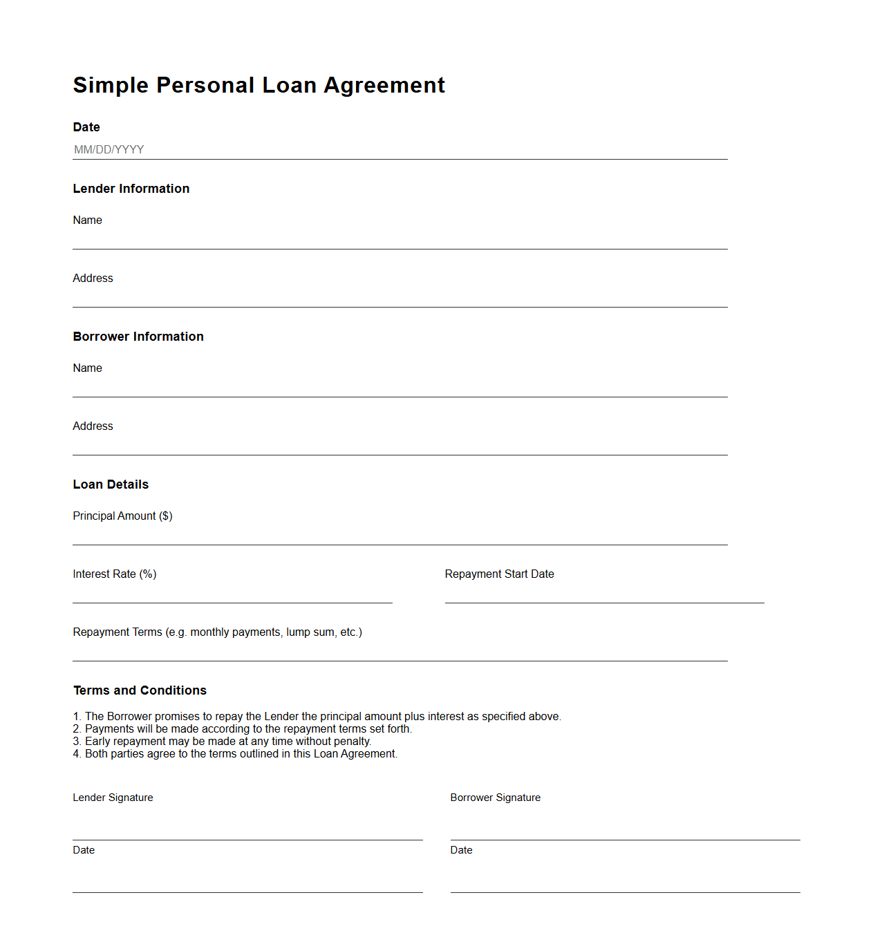 Simple Personal Loan Agreement Blank Form