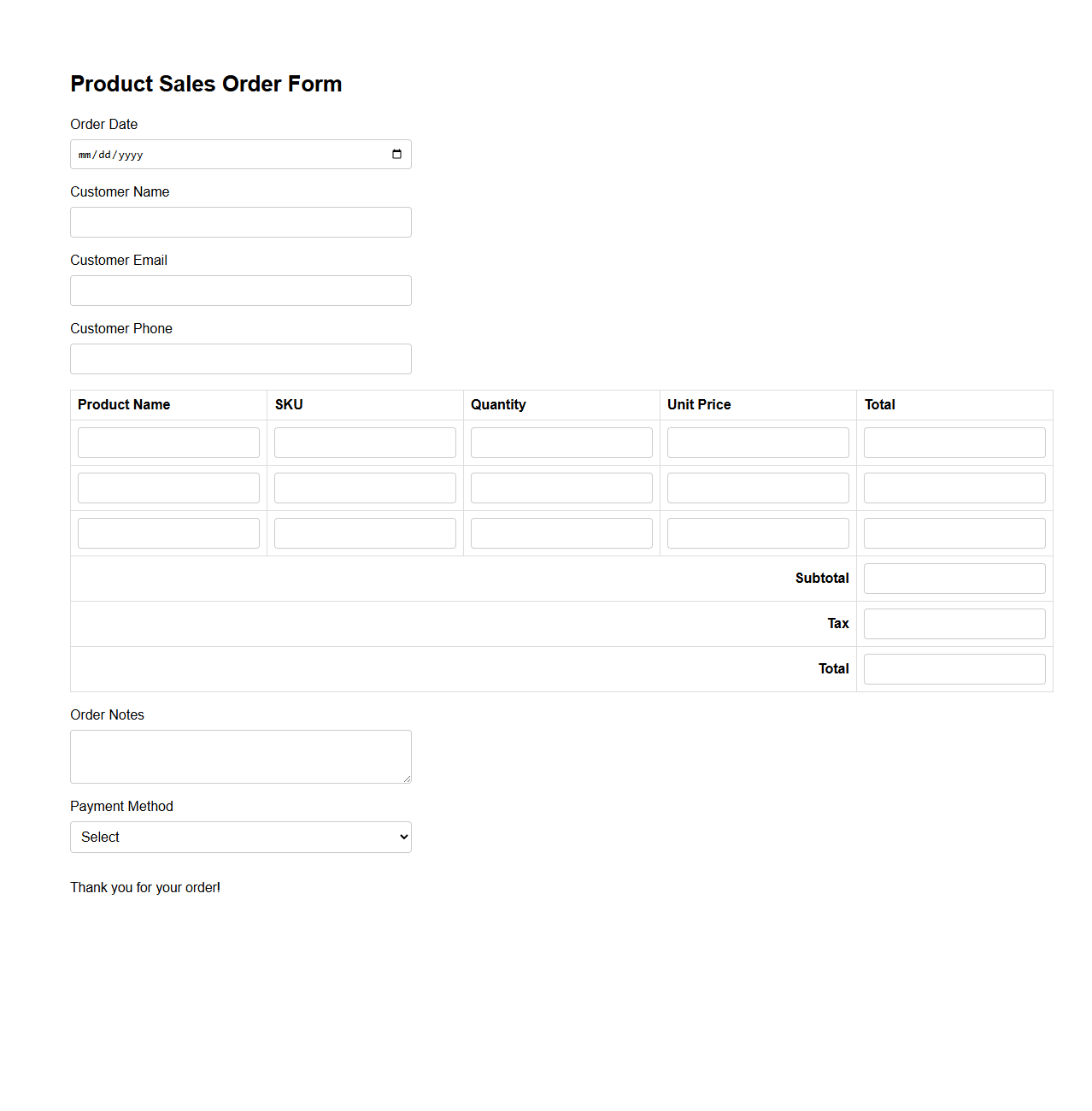 Simple Product Sales Order Form Template