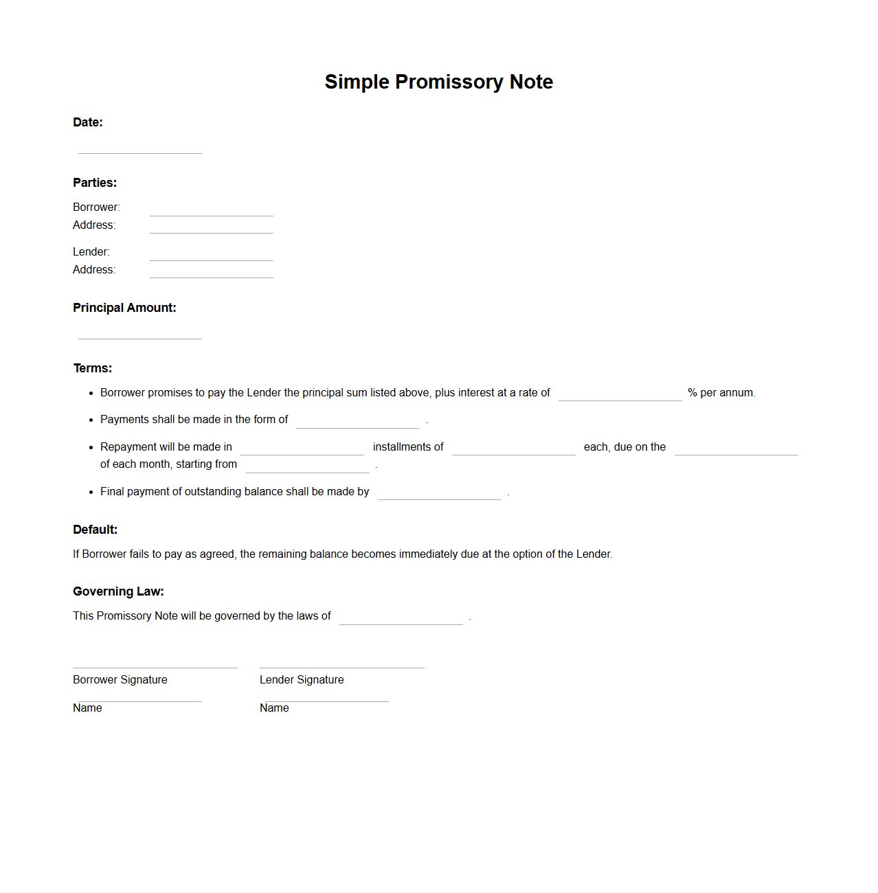 Simple Promissory Note Template for Loan Agreements