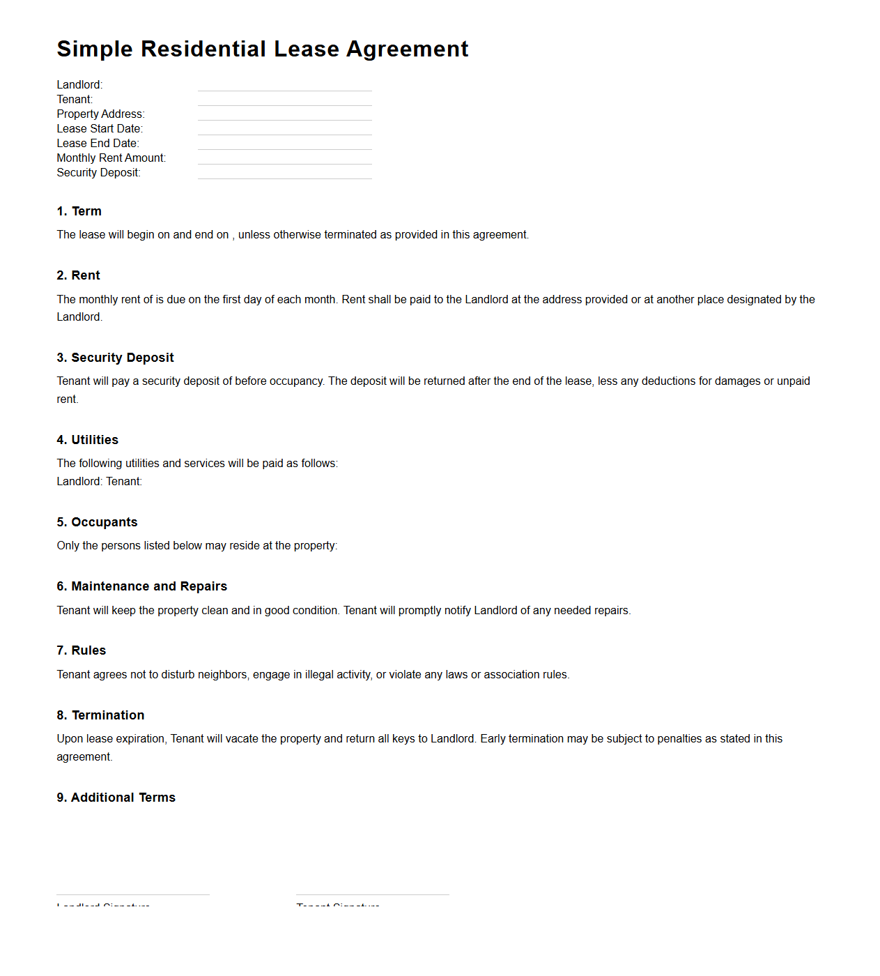 Simple Residential Lease Agreement Template