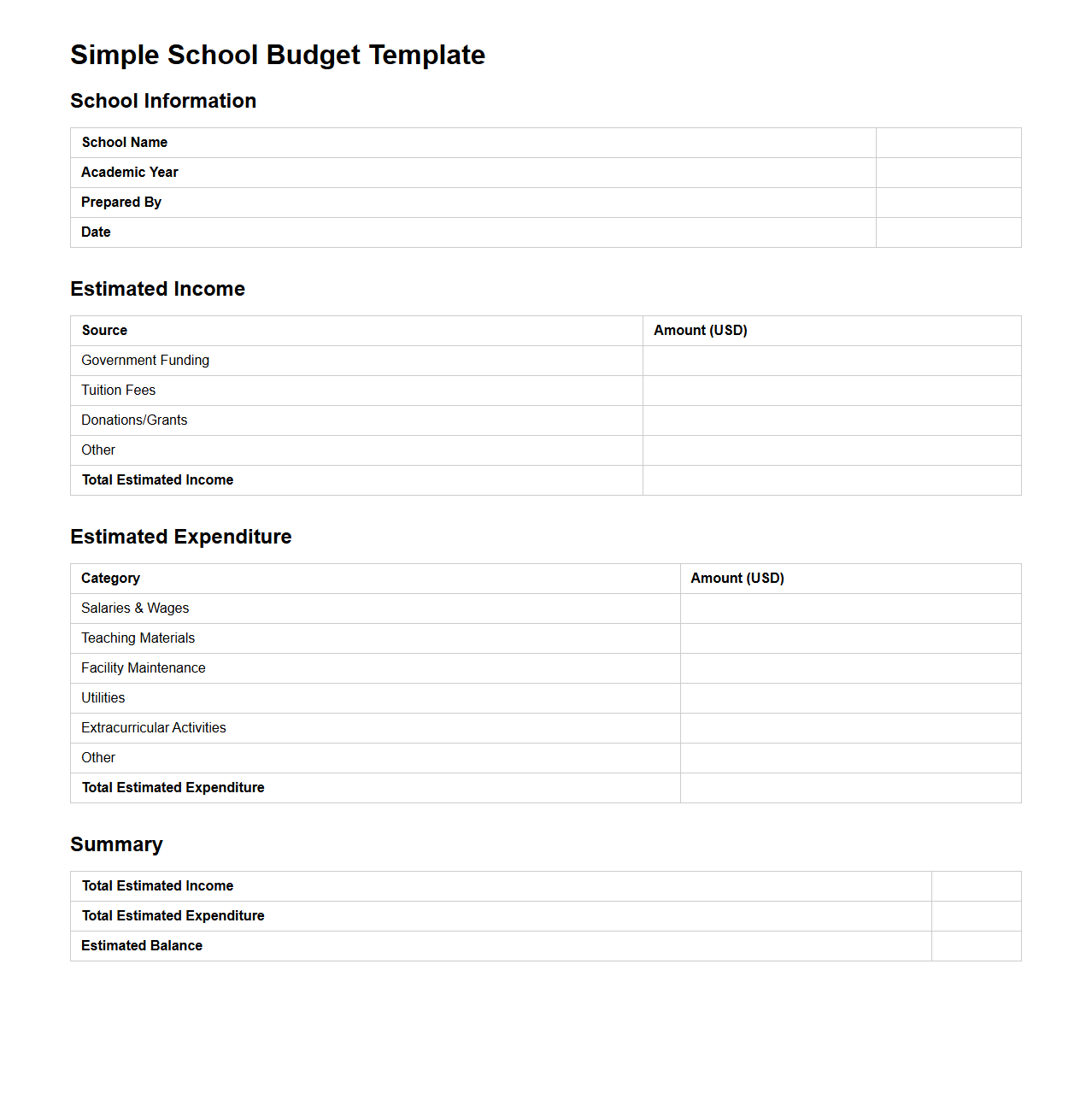 Simple School Budget Template for Educational Institutions