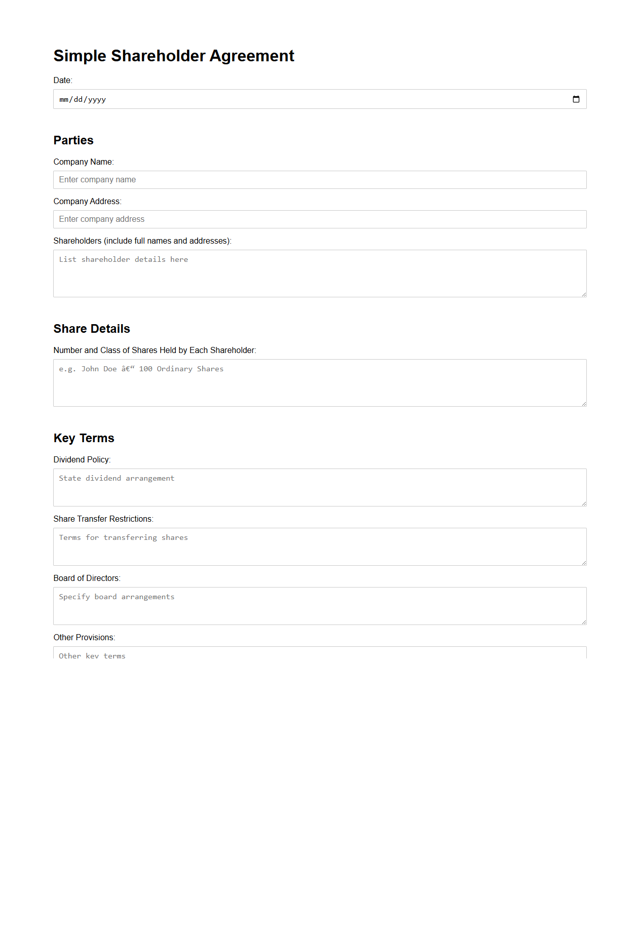 Simple Shareholder Agreement Blank Form