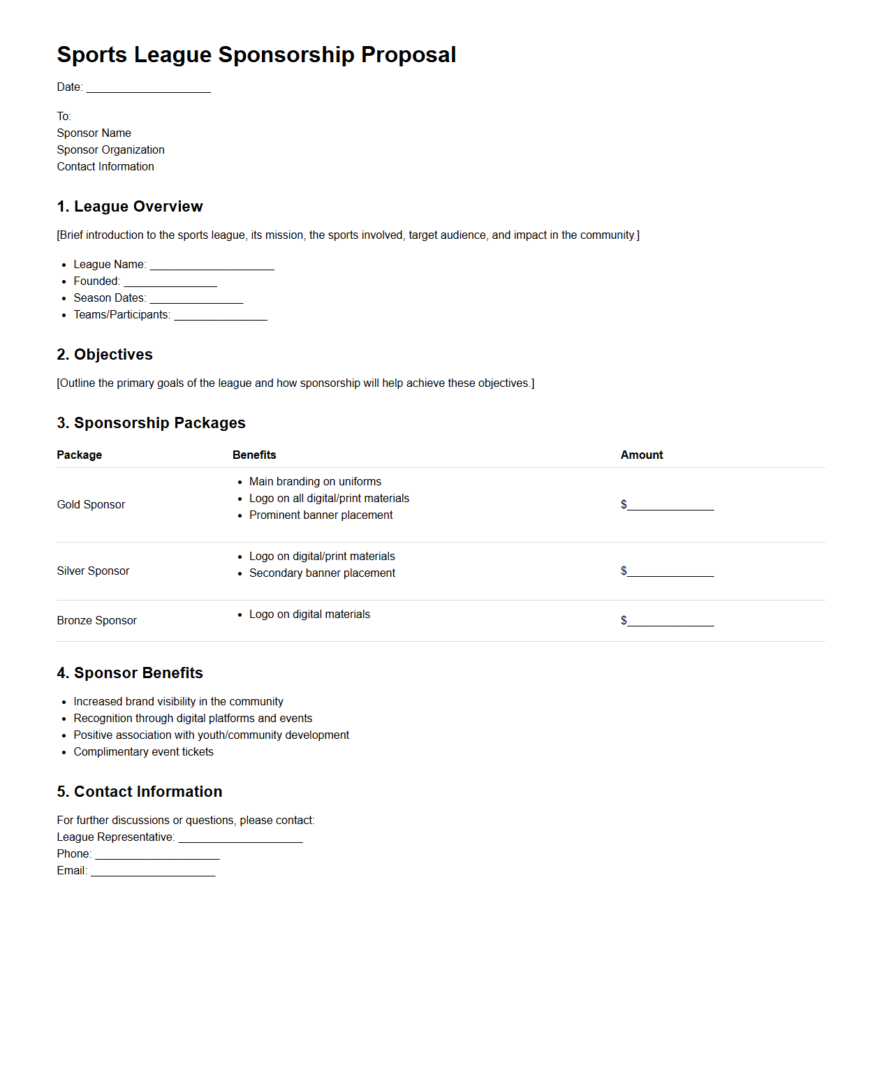 Simple Sports League Sponsorship Proposal Format