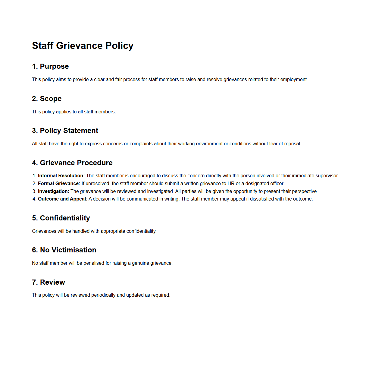 Simple Staff Grievance Policy Structure