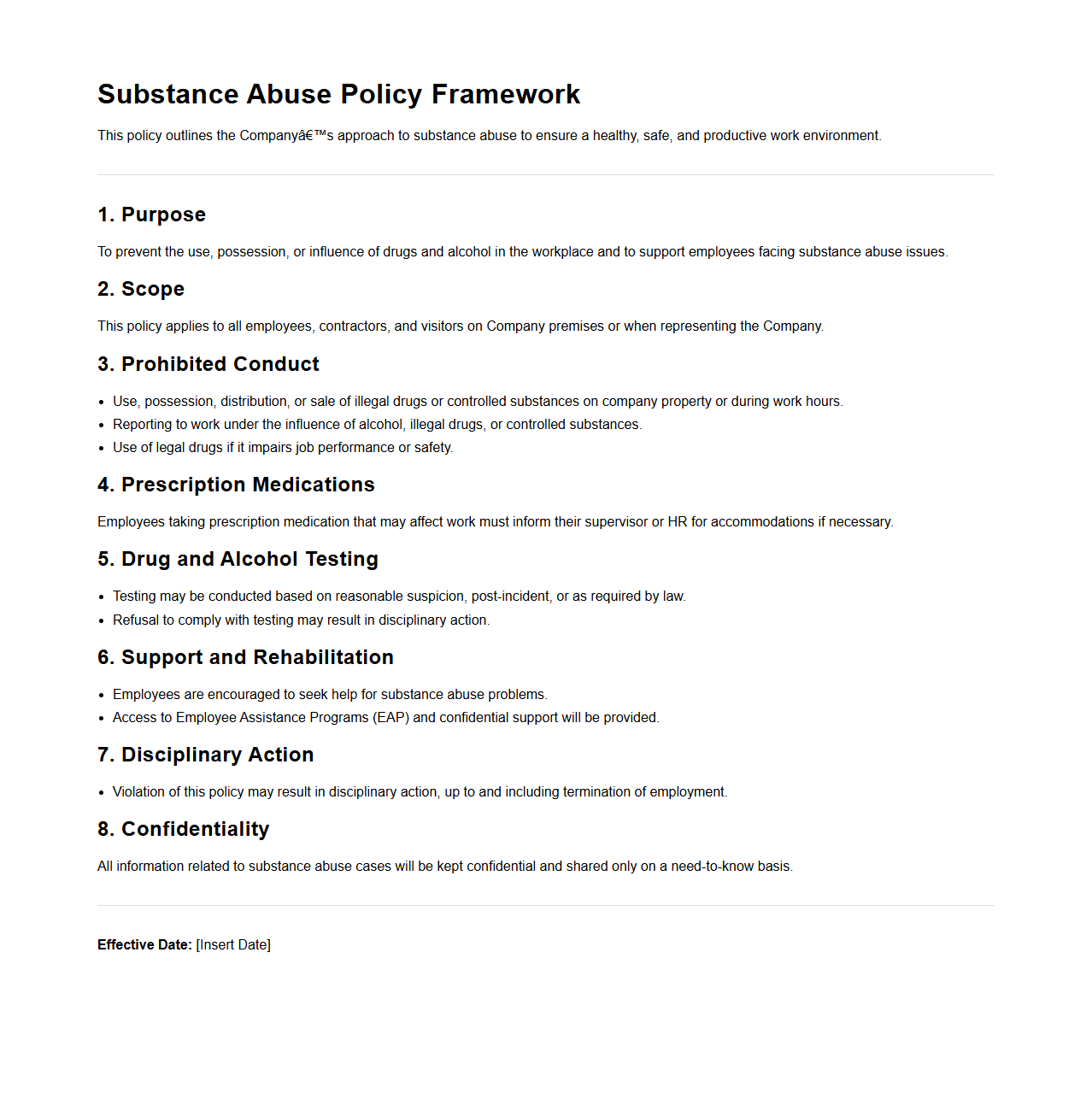 Simple Substance Abuse Policy Framework for Employers