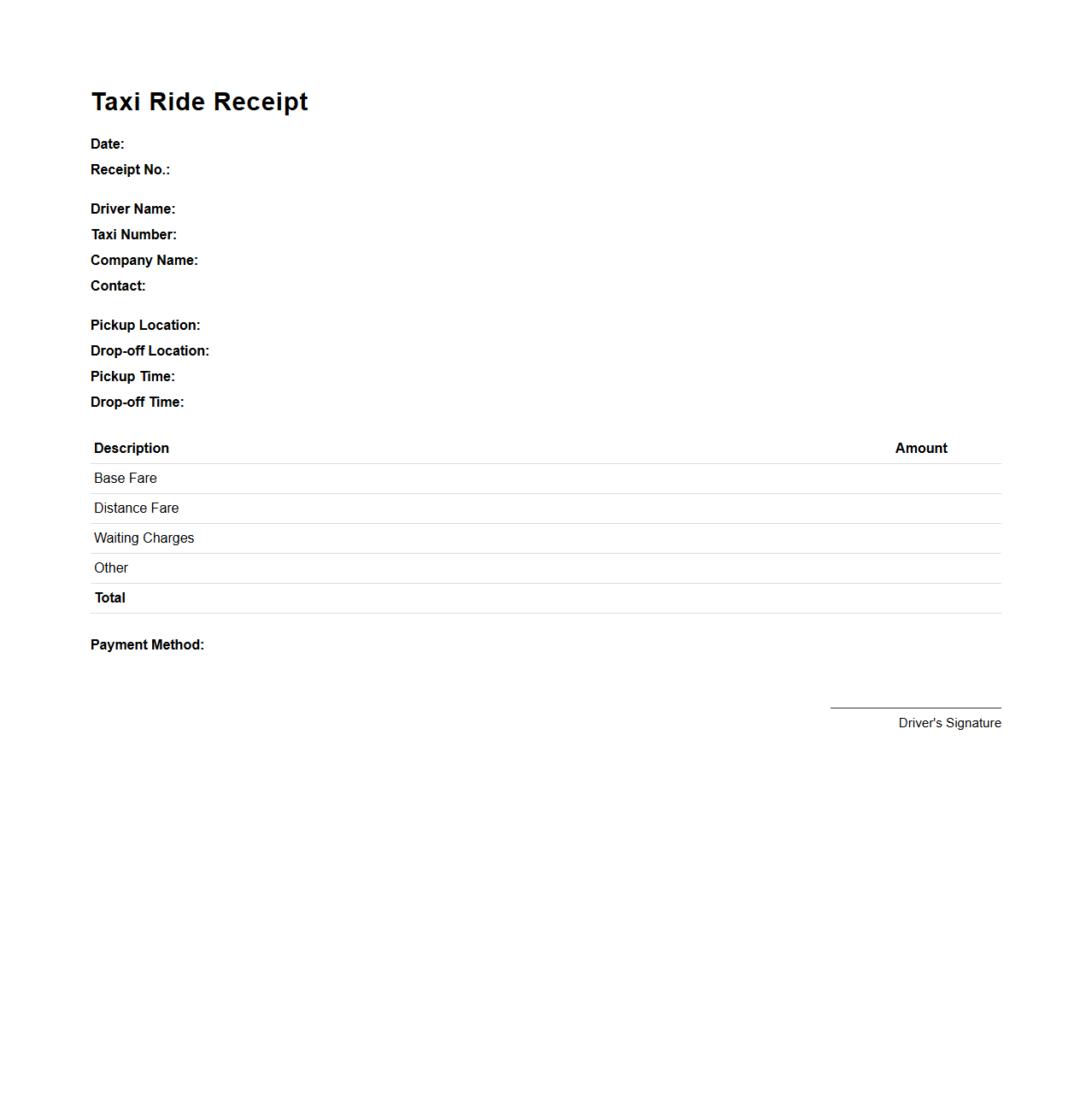 Simple Taxi Ride Receipt Template